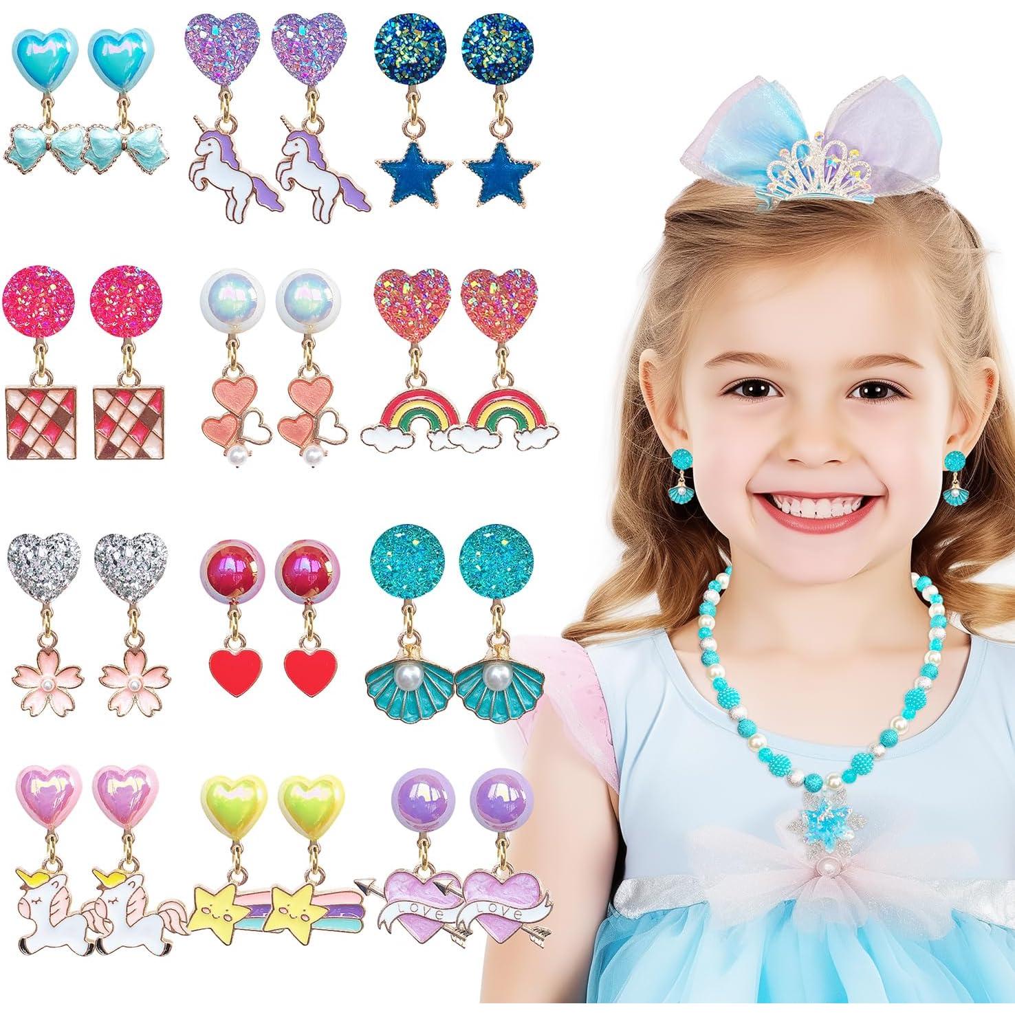 12 Pares Pendientes Clip On Joyería Unicornio Niñas 3+ Años