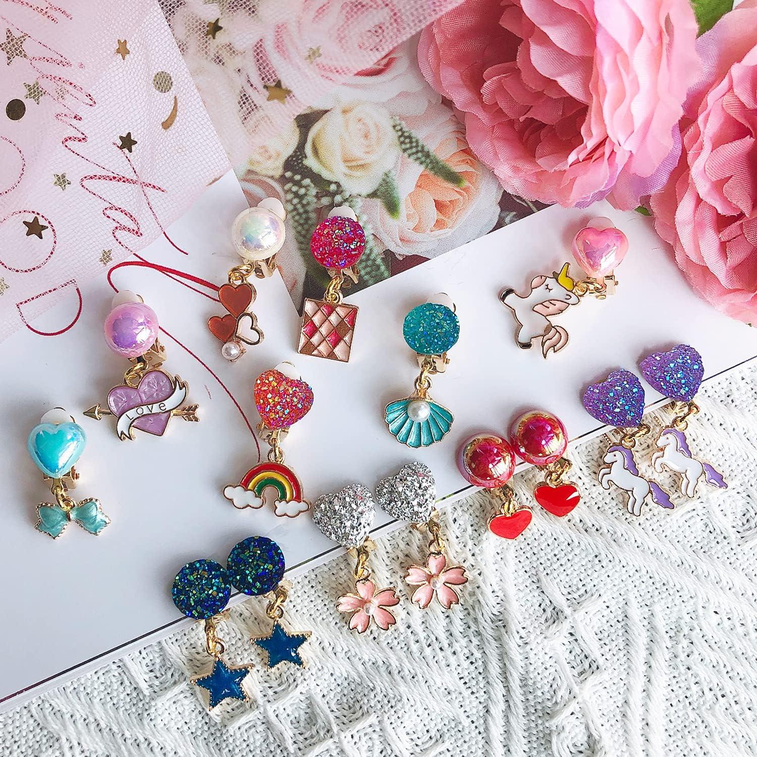 12 Pares Pendientes Clip On Joyería Unicornio Niñas 3+ Años