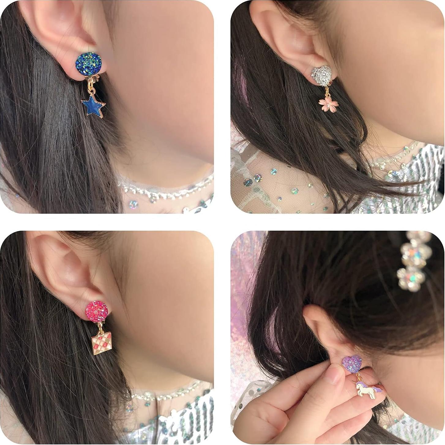 12 Pares Pendientes Clip On Joyería Unicornio Niñas 3+ Años
