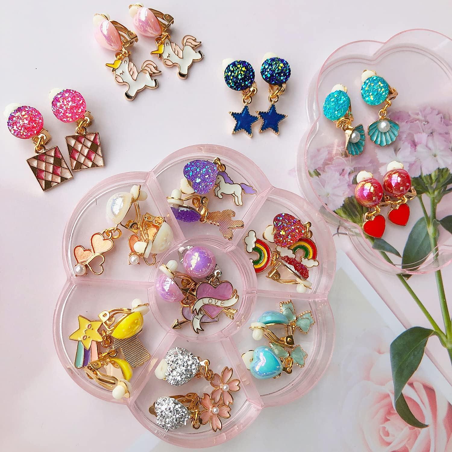 12 Pares Pendientes Clip On Joyería Unicornio Niñas 3+ Años
