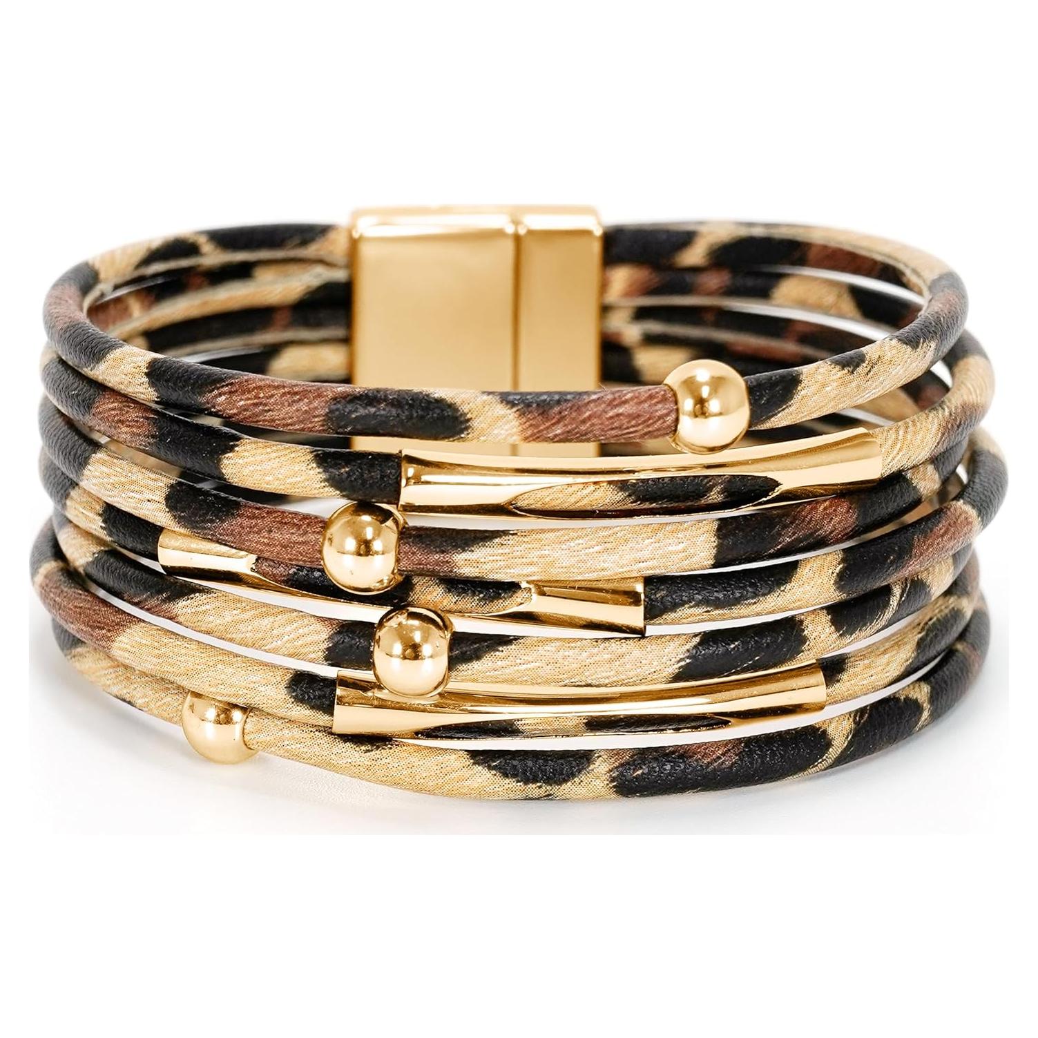 Pulsera de Cuero Fesciory para Mujeres con Cuentas de Cristal