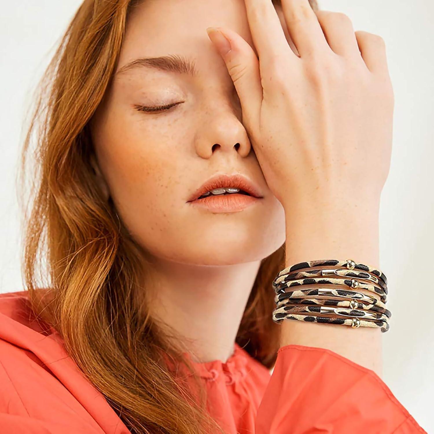 Pulsera de Cuero Fesciory para Mujeres con Cuentas de Cristal