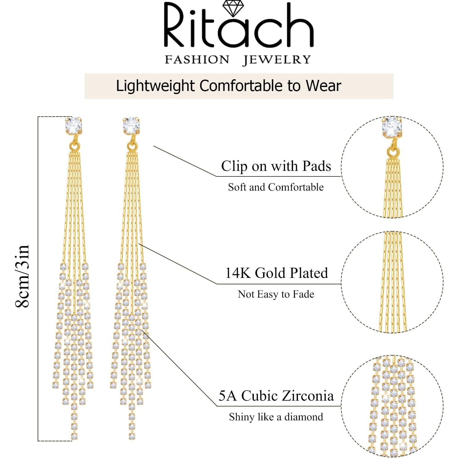 Pendientes de Clip para Mujeres Ritach 18K Oro Largos Brillantes