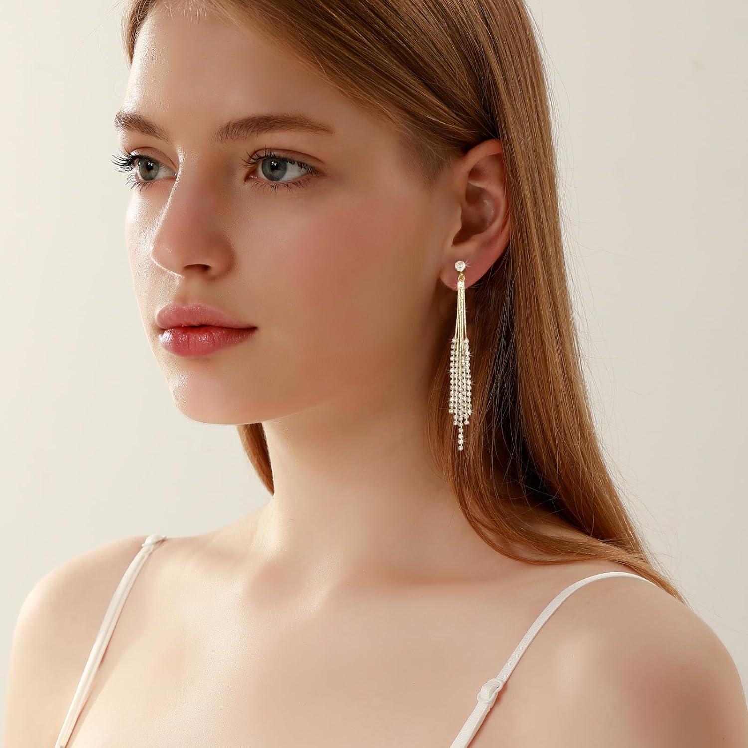 Pendientes de Clip para Mujeres Ritach 18K Oro Largos Brillantes