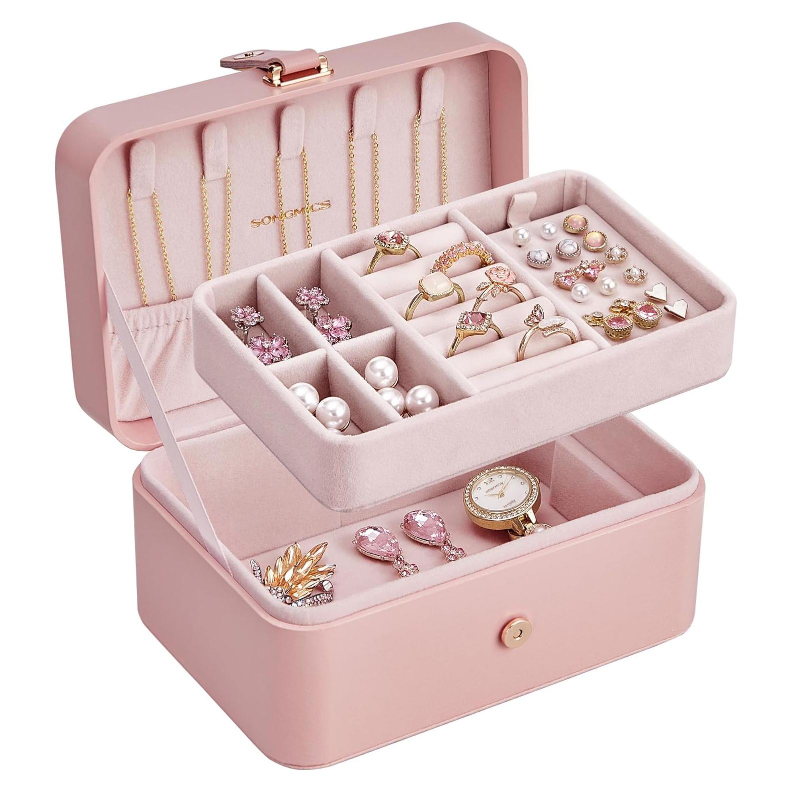 Caja de Joyería Portátil SONGMICS Rosa Gelatina 2 Capas