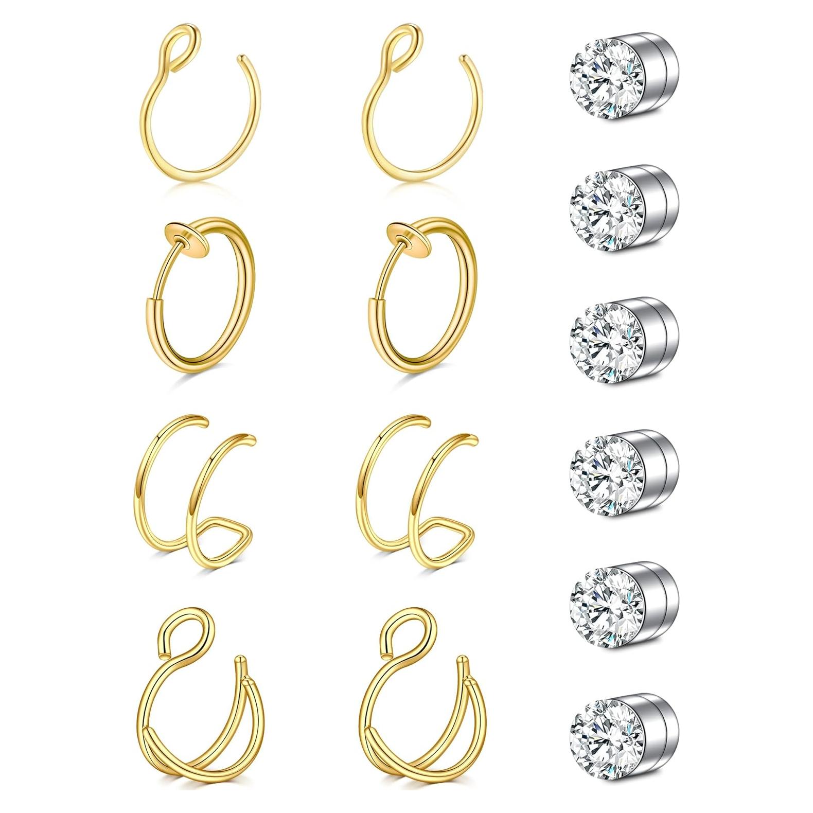 Anillos de Nariz Falsos Clip en Longita - 8 Piezas Oro