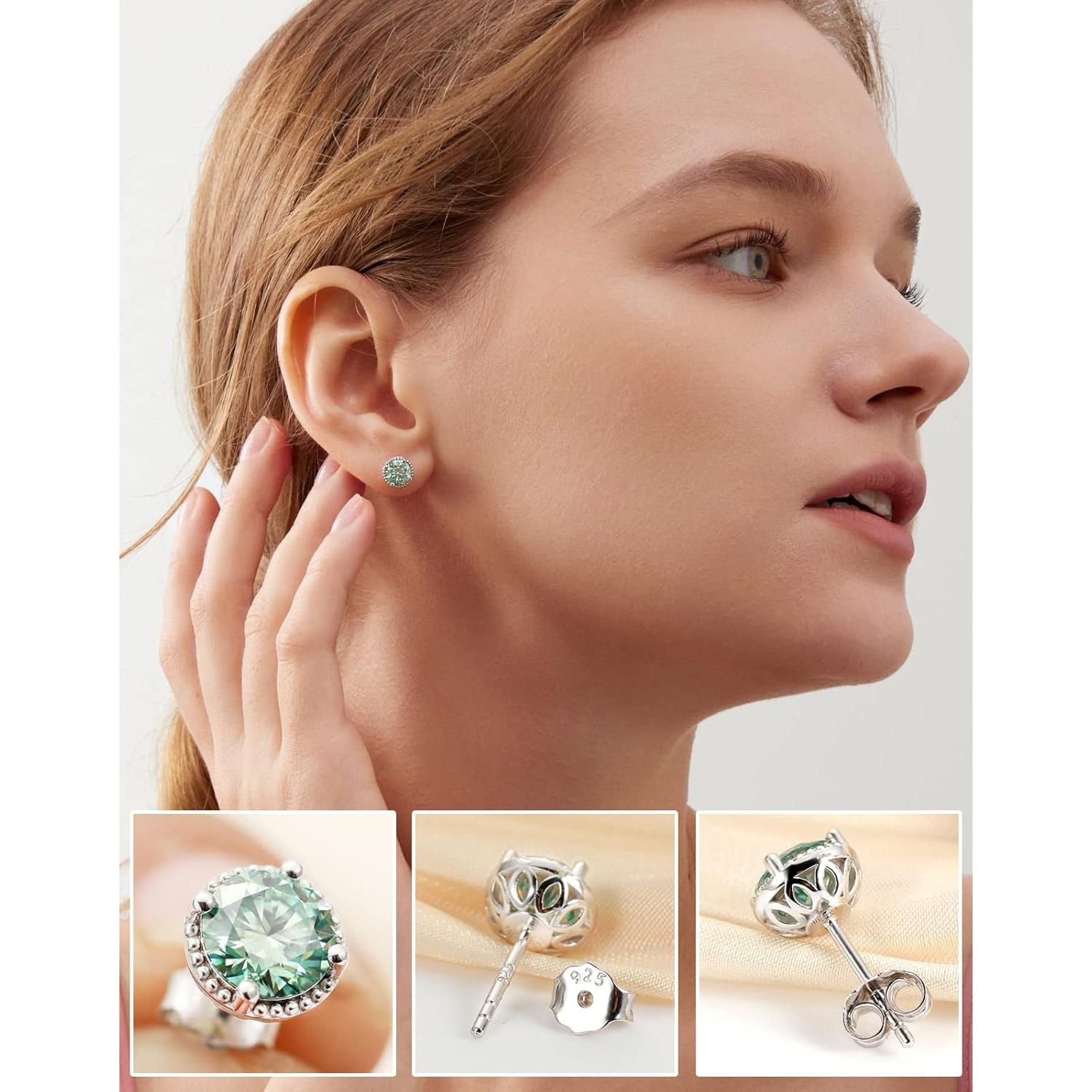 Pendientes de Stud de Plata con Moissanita Azul 2CT para Mujeres