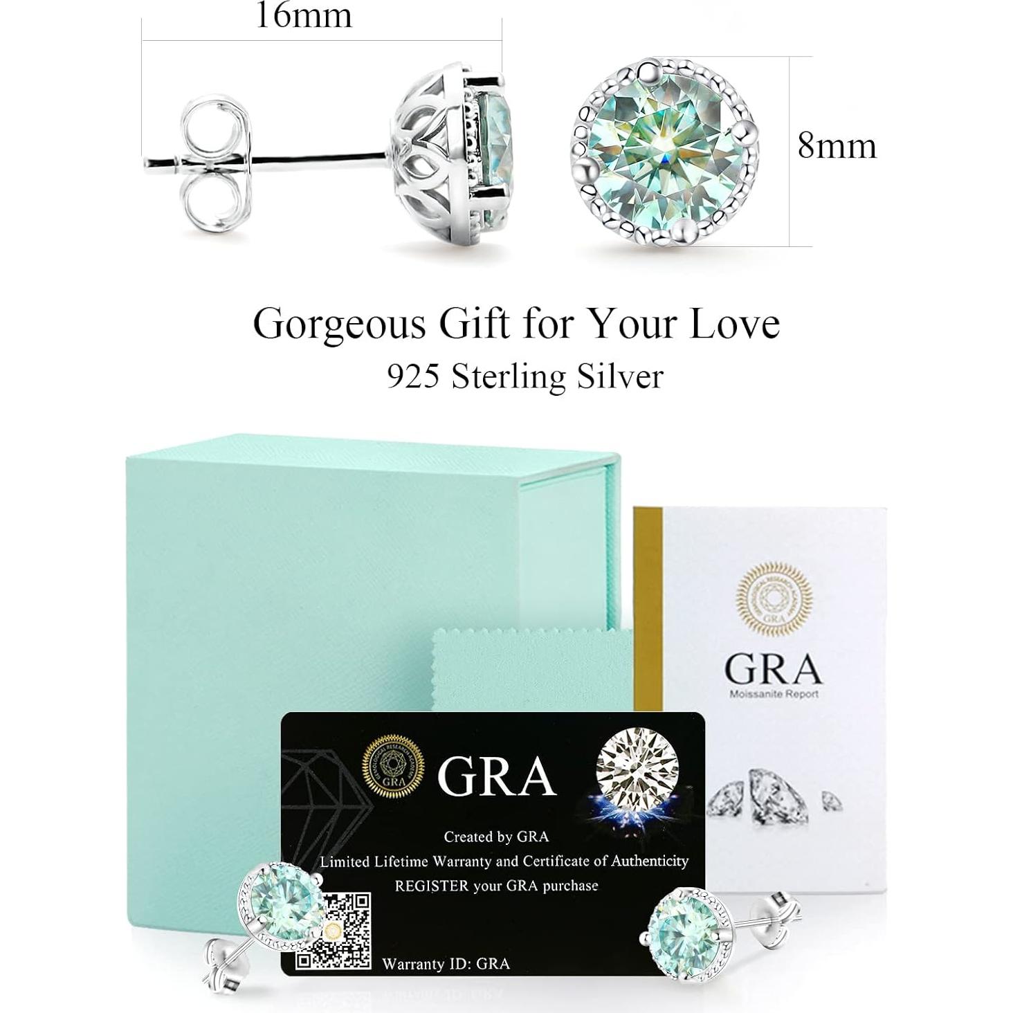 Pendientes de Stud de Plata con Moissanita Azul 2CT para Mujeres