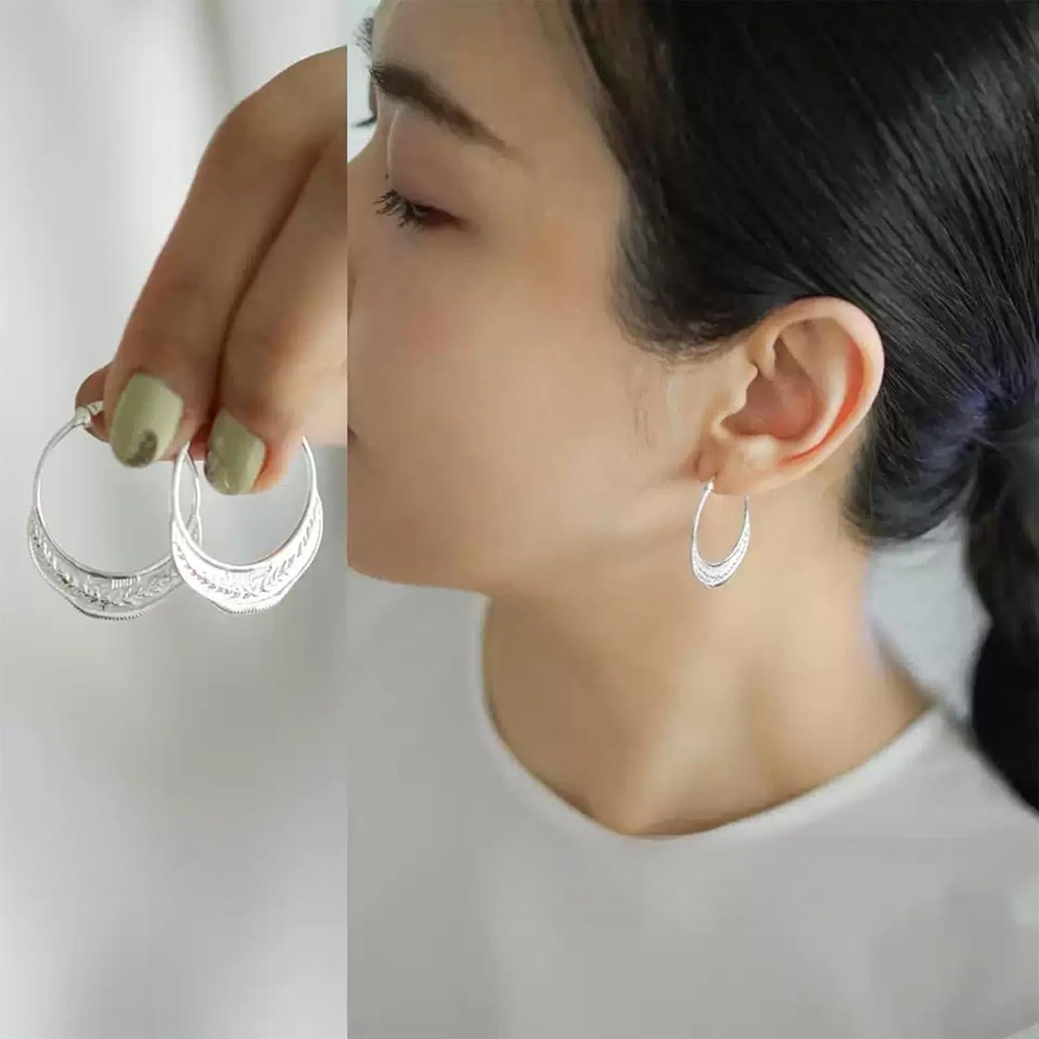 Pendientes de Aro Texturizados en Plata Esterlina S925 - Diseño Hoja