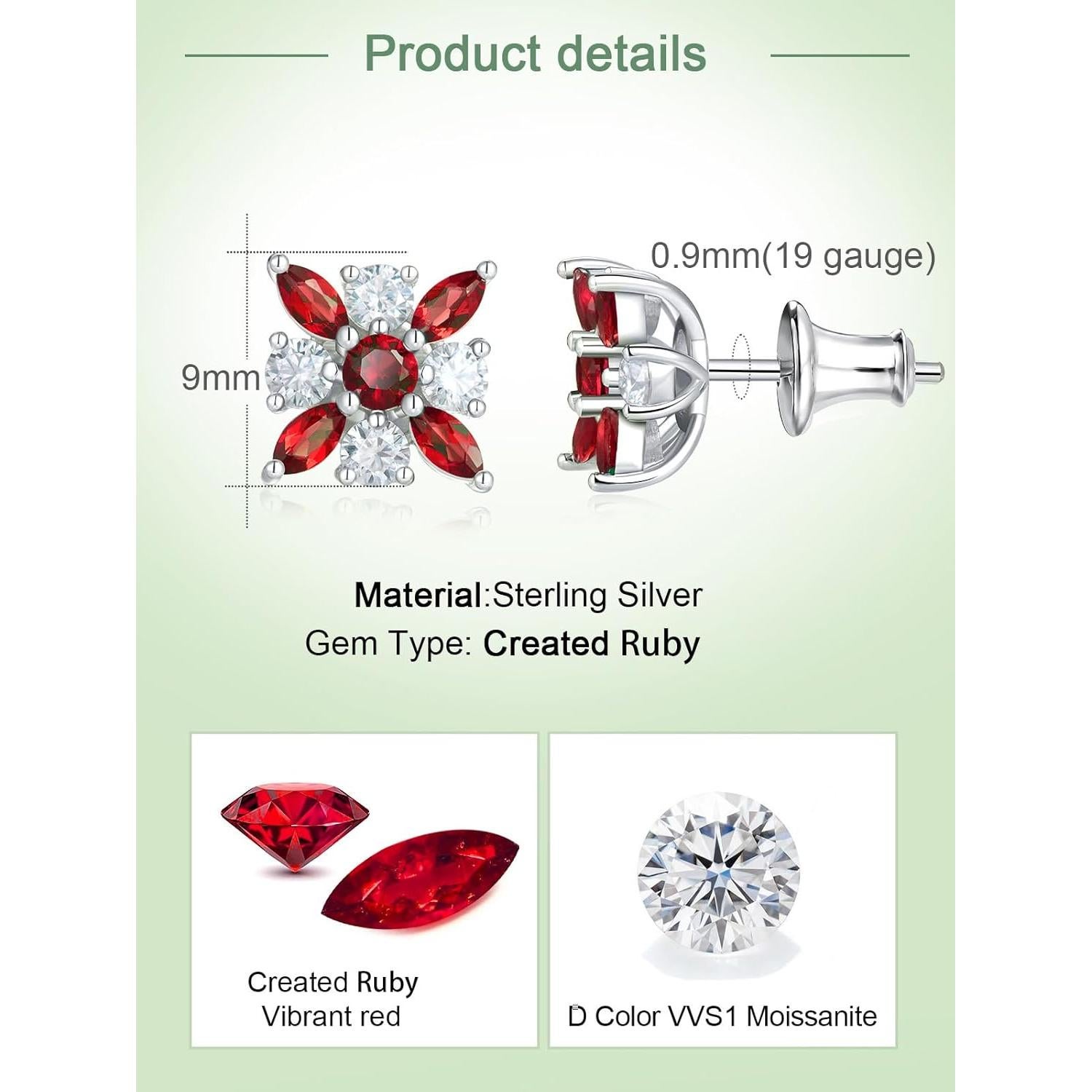 Pendientes de Stud de Moissanite y Rubí 1.64ct FWM Joyas