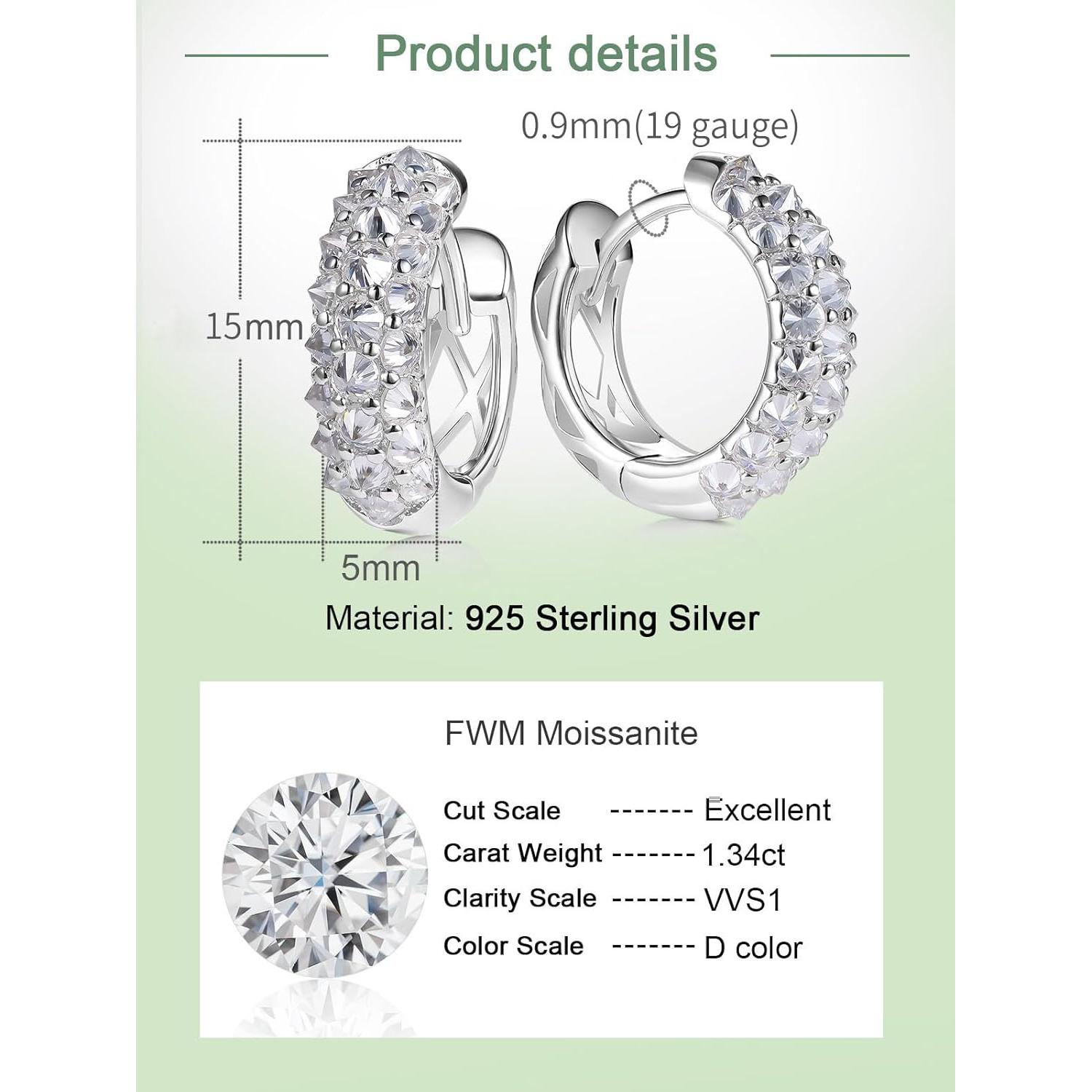 Pendientes Aros Huggie Moissanita Plata 925 15mm Unisex