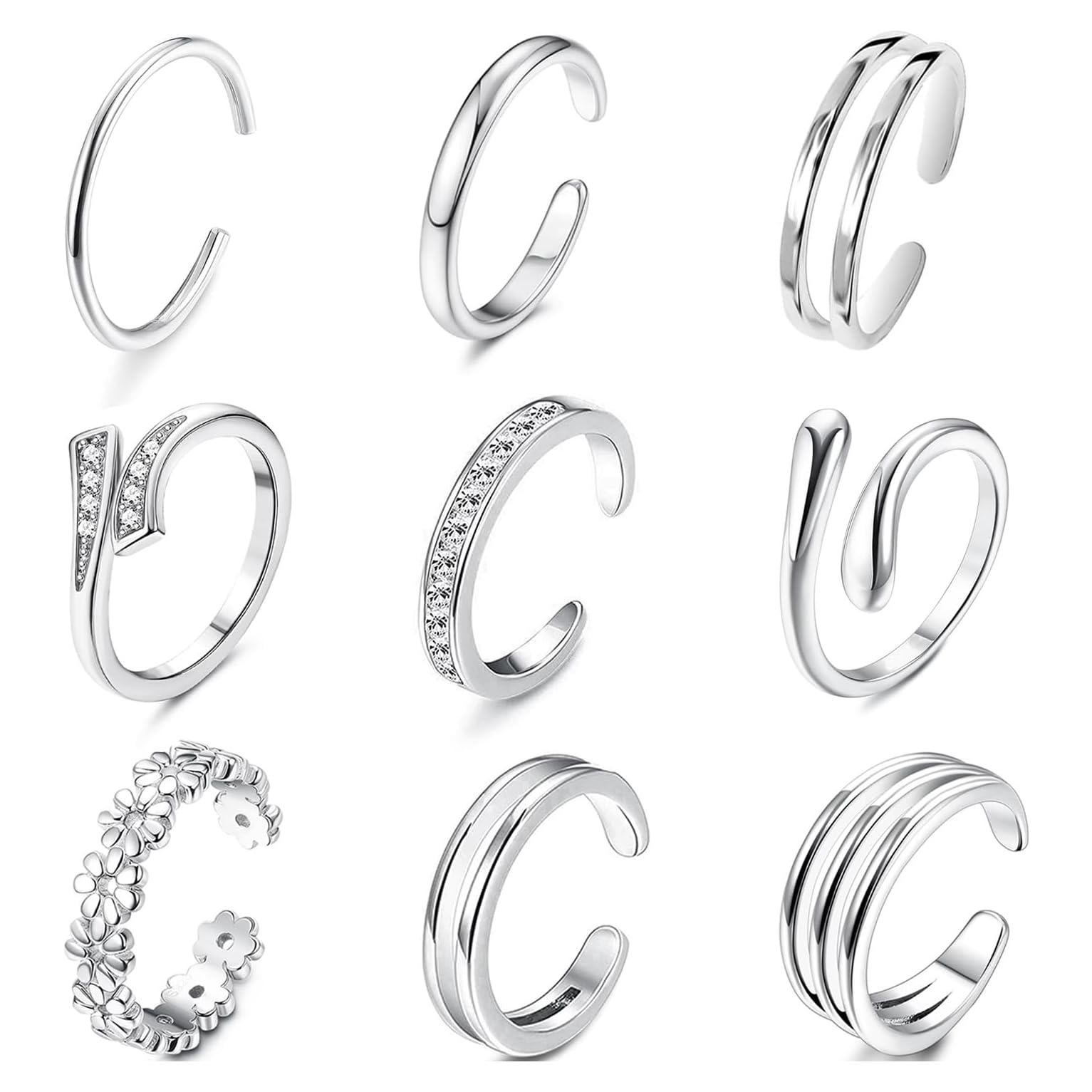 9 Anillos de Dedo del Pie Ajustables Oro 14K para Mujeres