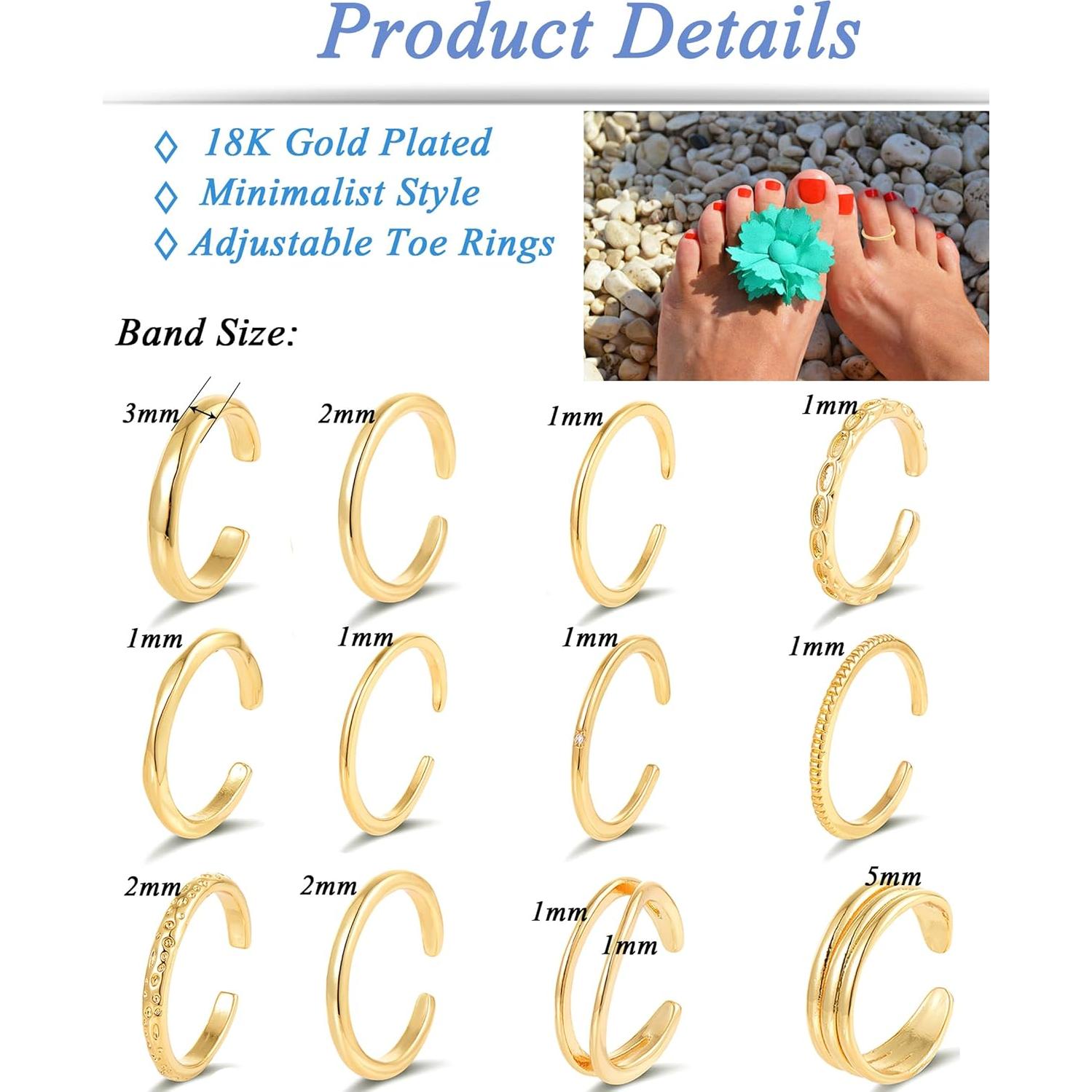 Anillos de Dedo Abiertos Tornito 12Pcs Oro 18K Ajustables