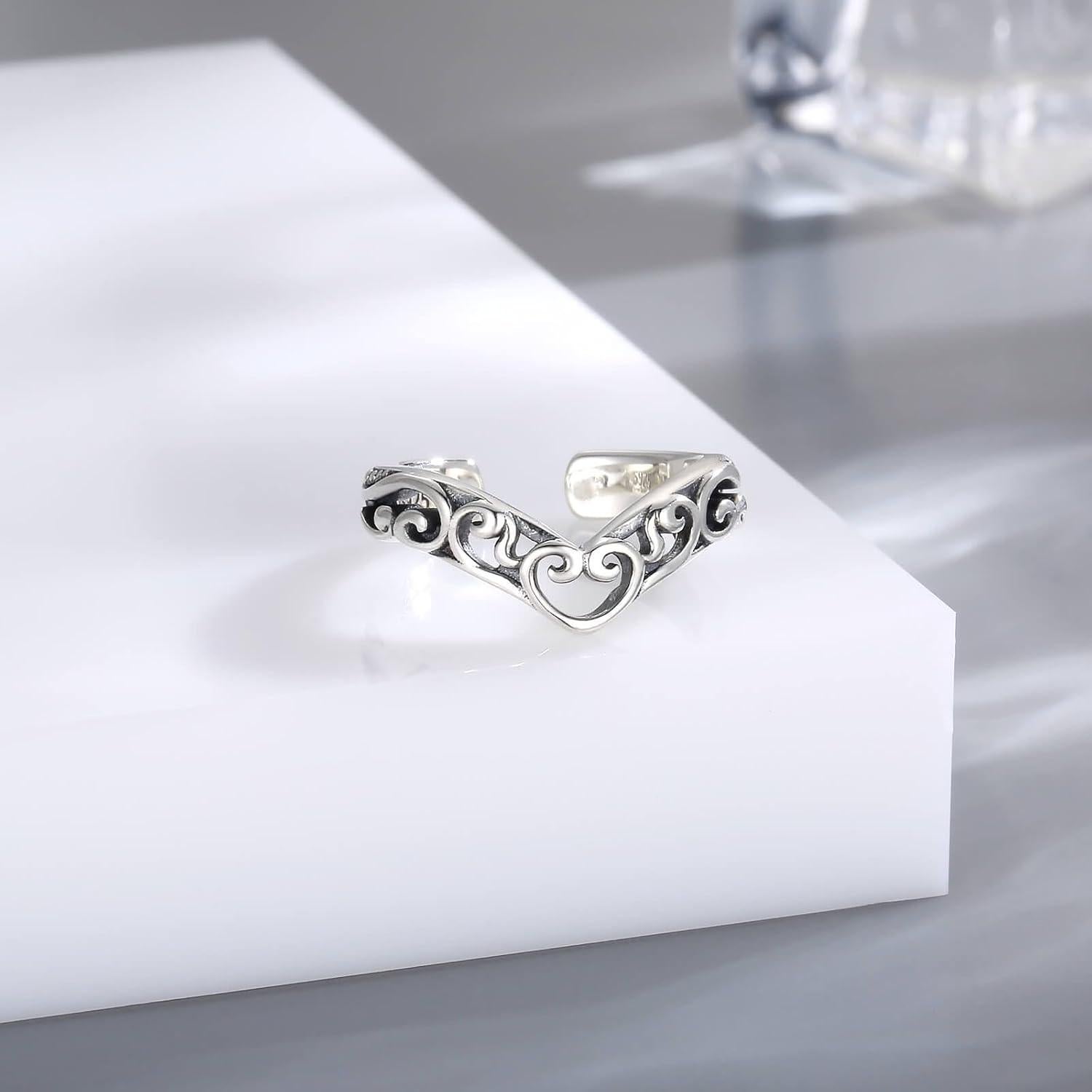 Anillo ajustable de filigrana en forma de V Plata 925 para mujeres