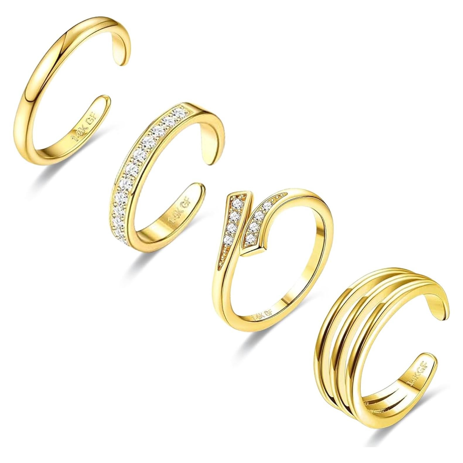 Juego de 4 Anillos Ajustables de Oro Lleno 14K para Dedos