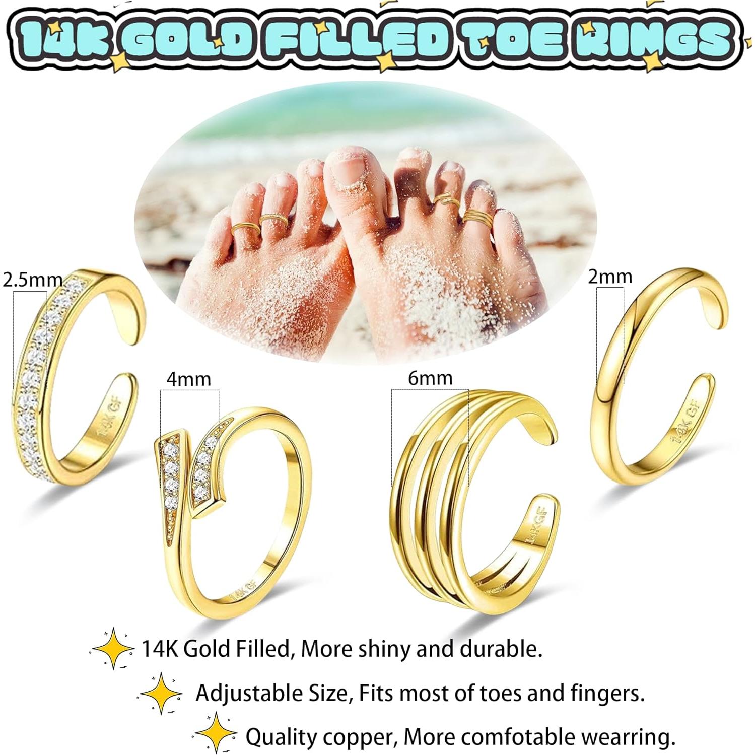 Juego de 4 Anillos Ajustables de Oro Lleno 14K para Dedos
