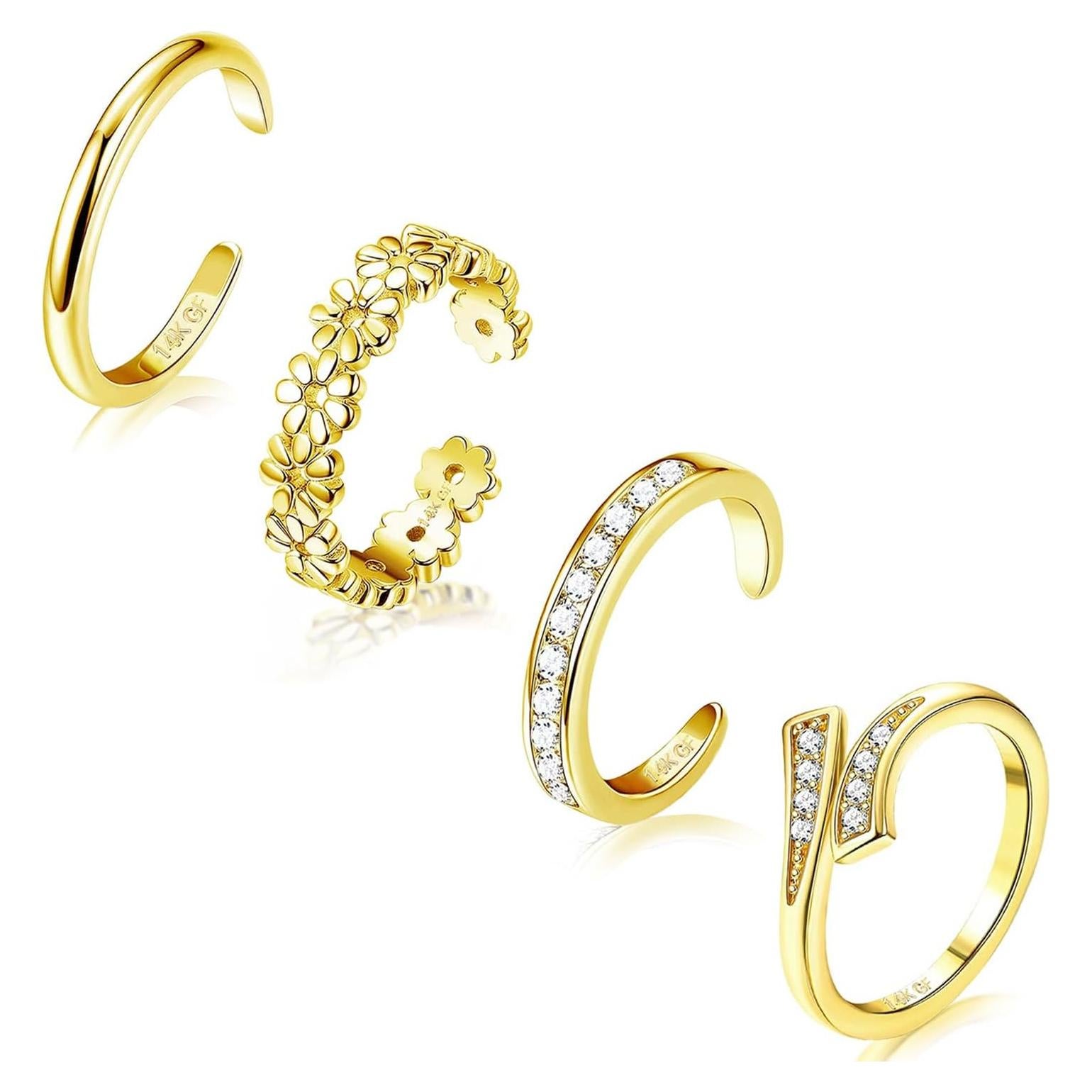 Conjunto de 4 Anillos Ajustables de Oro Relleno 14K para Mujeres