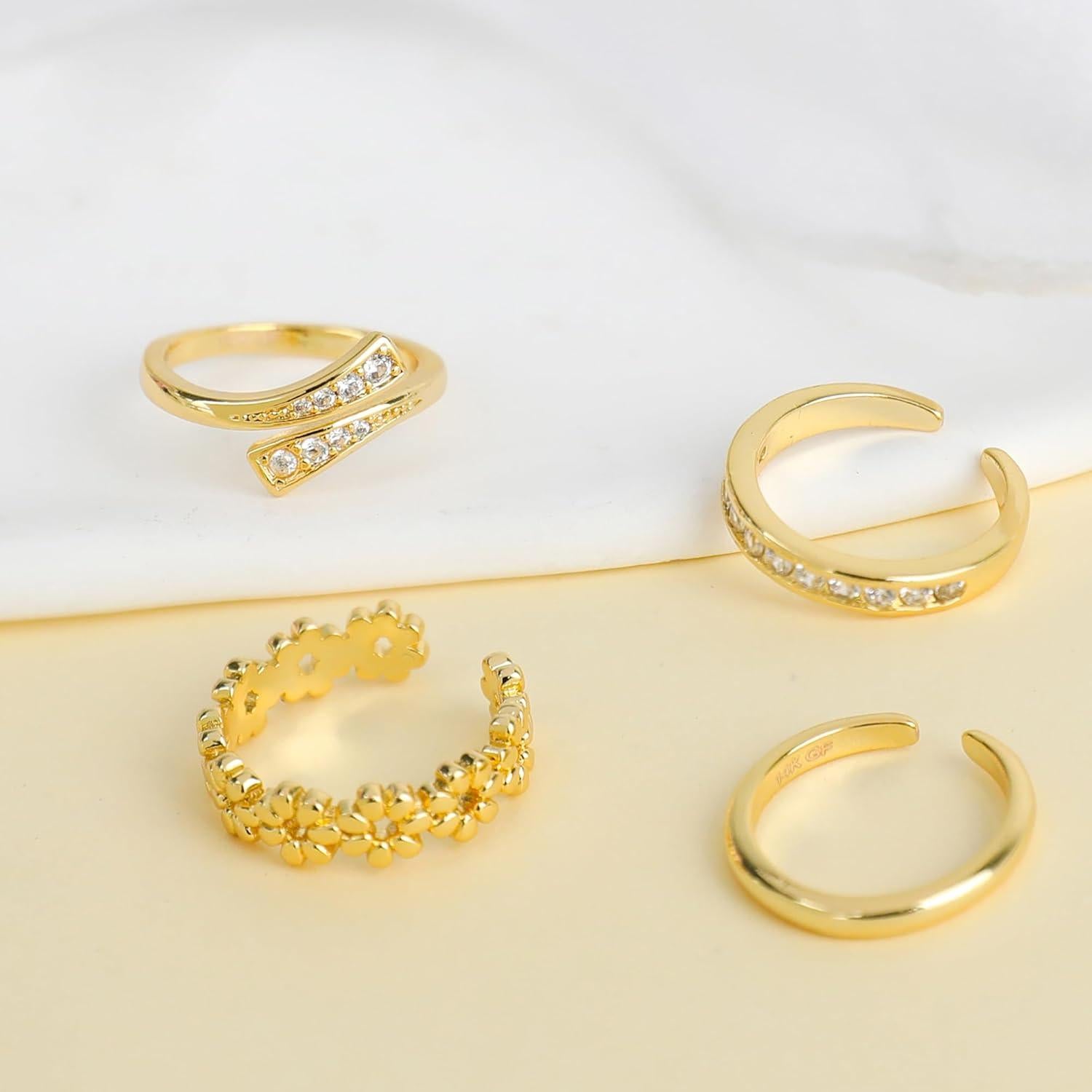 Conjunto de 4 Anillos Ajustables de Oro Relleno 14K para Mujeres