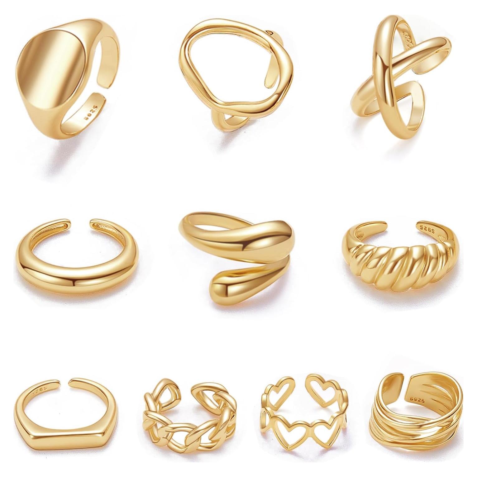 Conjunto de 10 Anillos Dome Gruesos de Oro 18K Ajustables