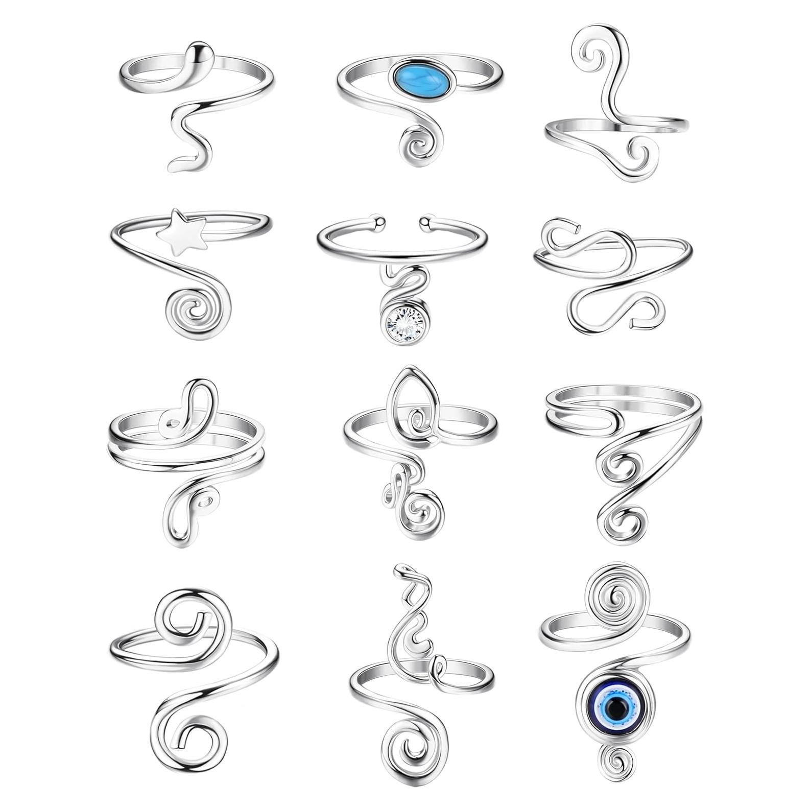 FIBO STEEL 12 Anillos Ajustables para Dedos Mujeres Plateados