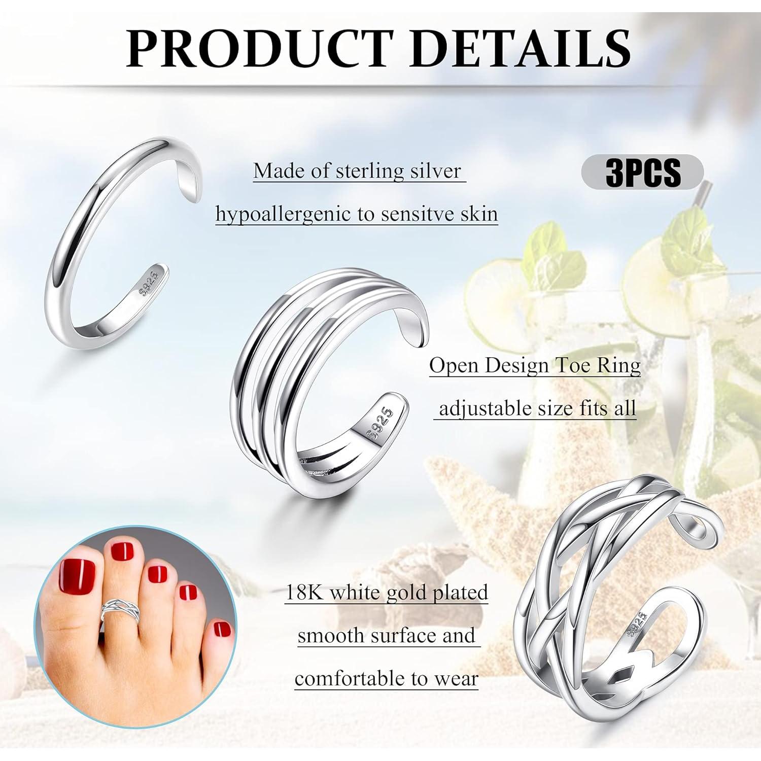 Anillos de Dedo del Pie de Plata Esterlina Milacolato 3 Pcs