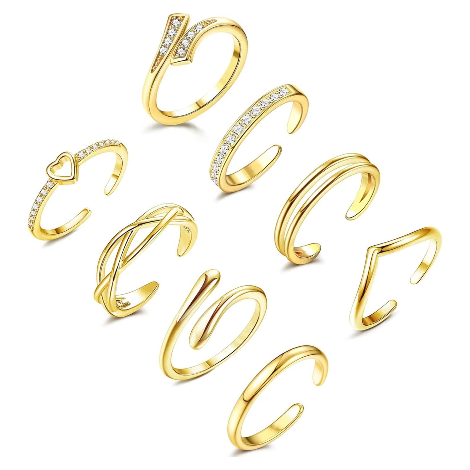 Conjunto 8 Anillos para Dedos de los Pies Mujeres 14K Baño Oro