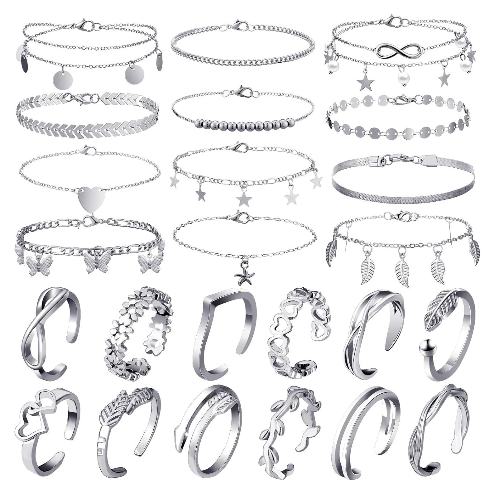 Conjunto Joyería Tobilleras y Anillos Plata Sasylvia 24 Pcs