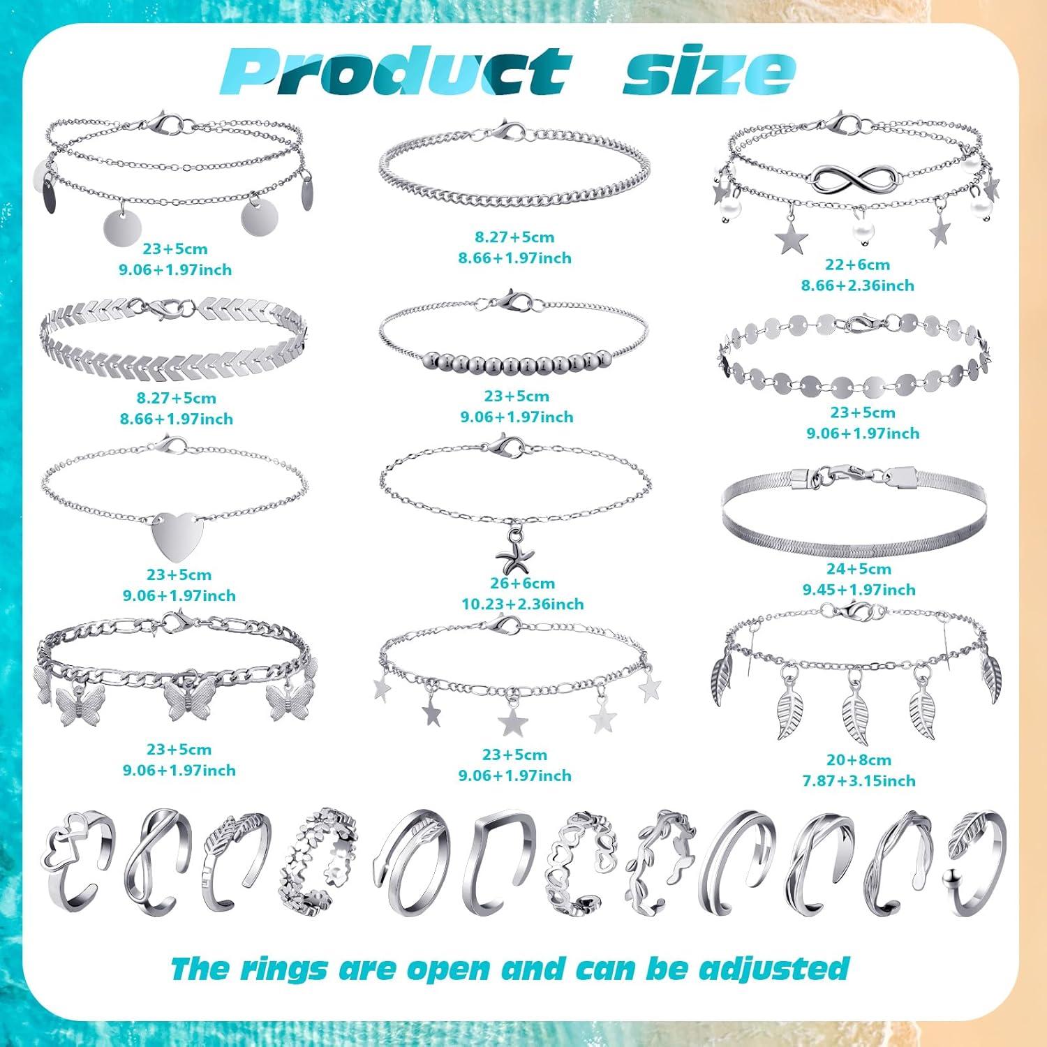 Conjunto Joyería Tobilleras y Anillos Plata Sasylvia 24 Pcs