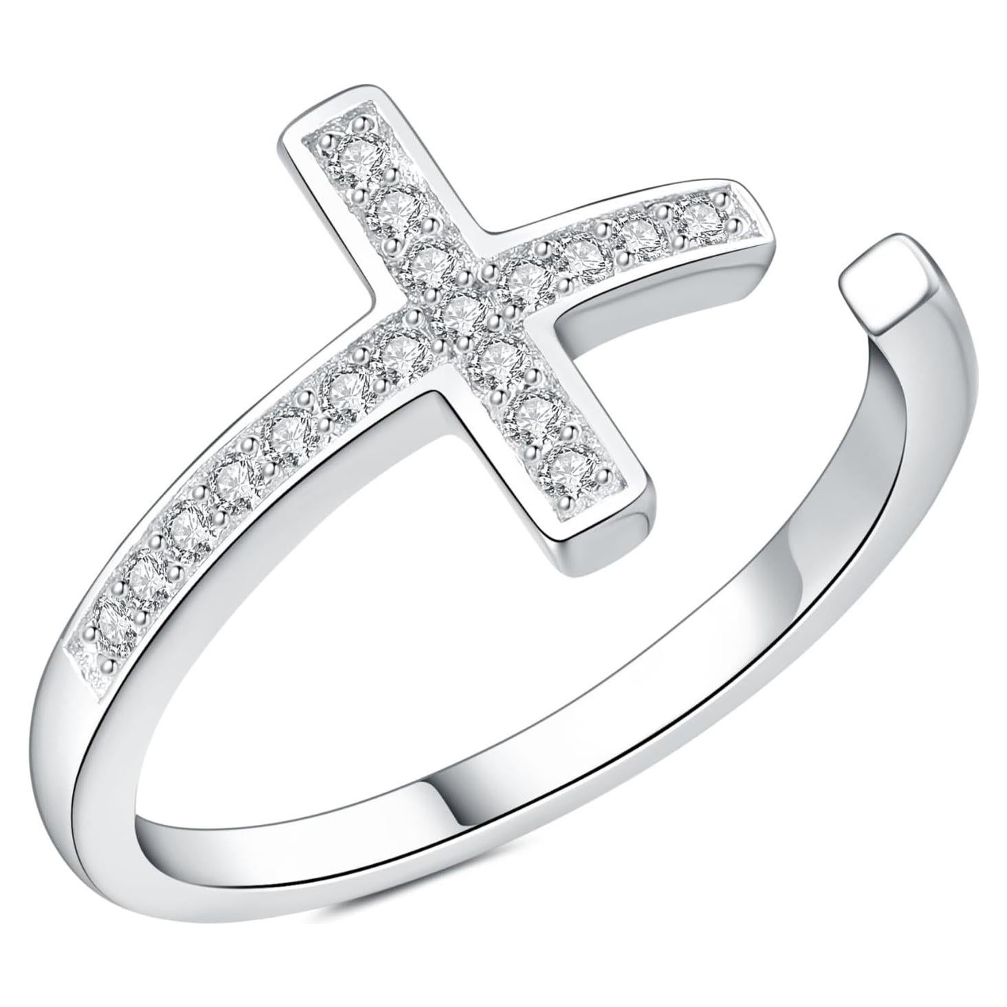 Anillo de cruz ajustable de plata esterlina 925 hipoalergénico