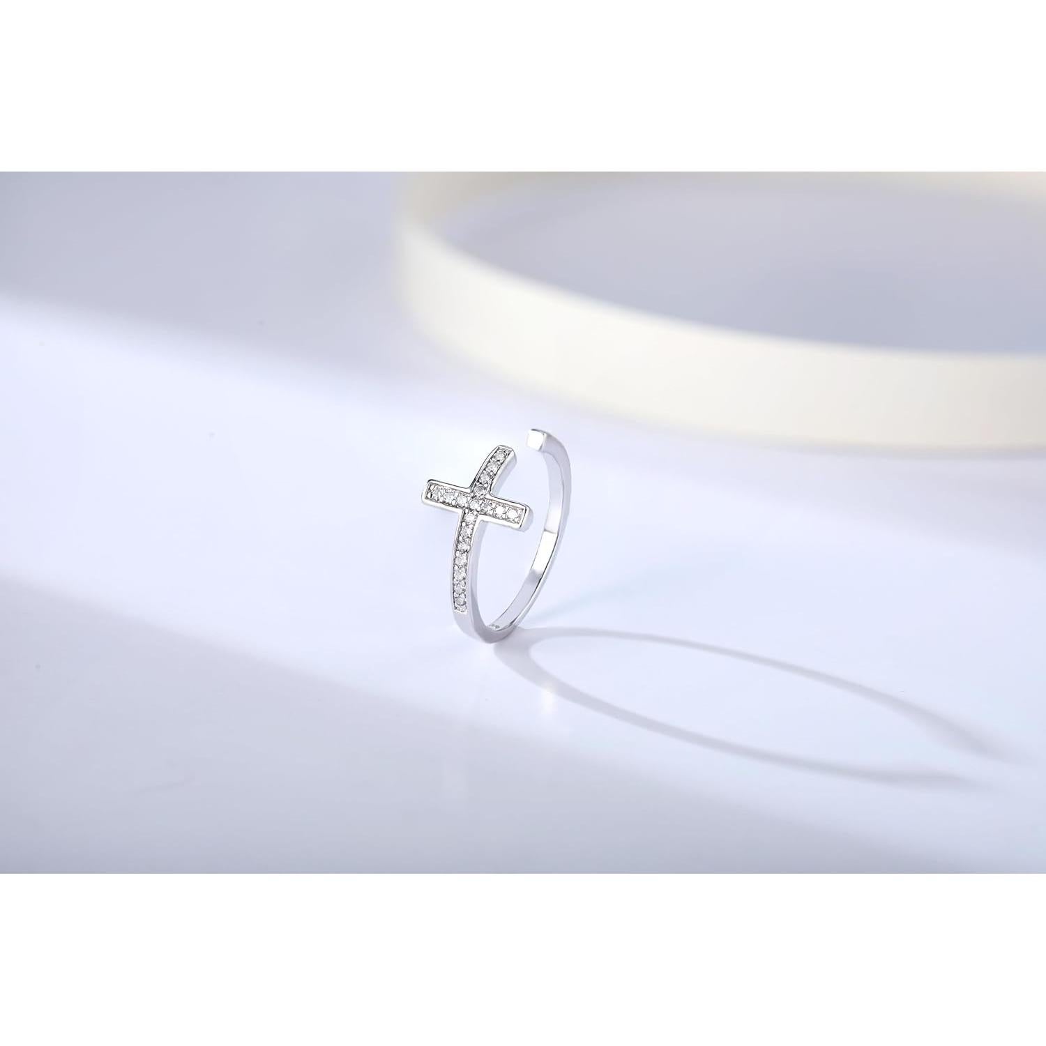 Anillo de cruz ajustable de plata esterlina 925 hipoalergénico