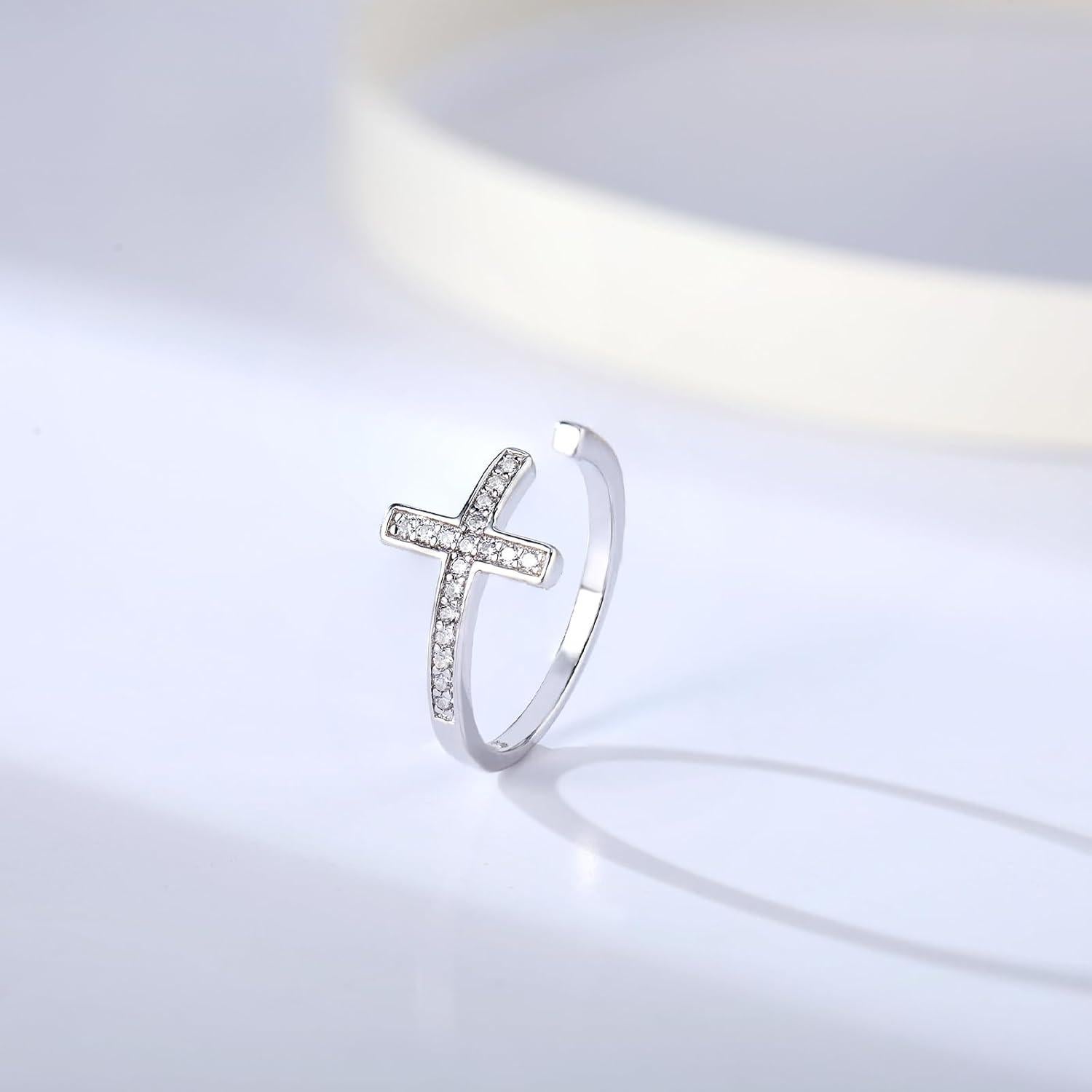 Anillo de cruz ajustable de plata esterlina 925 hipoalergénico