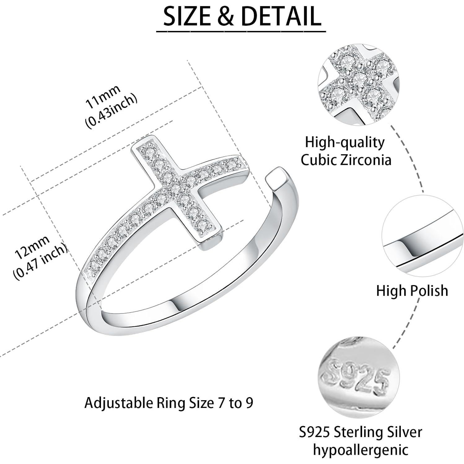 Anillo de cruz ajustable de plata esterlina 925 hipoalergénico