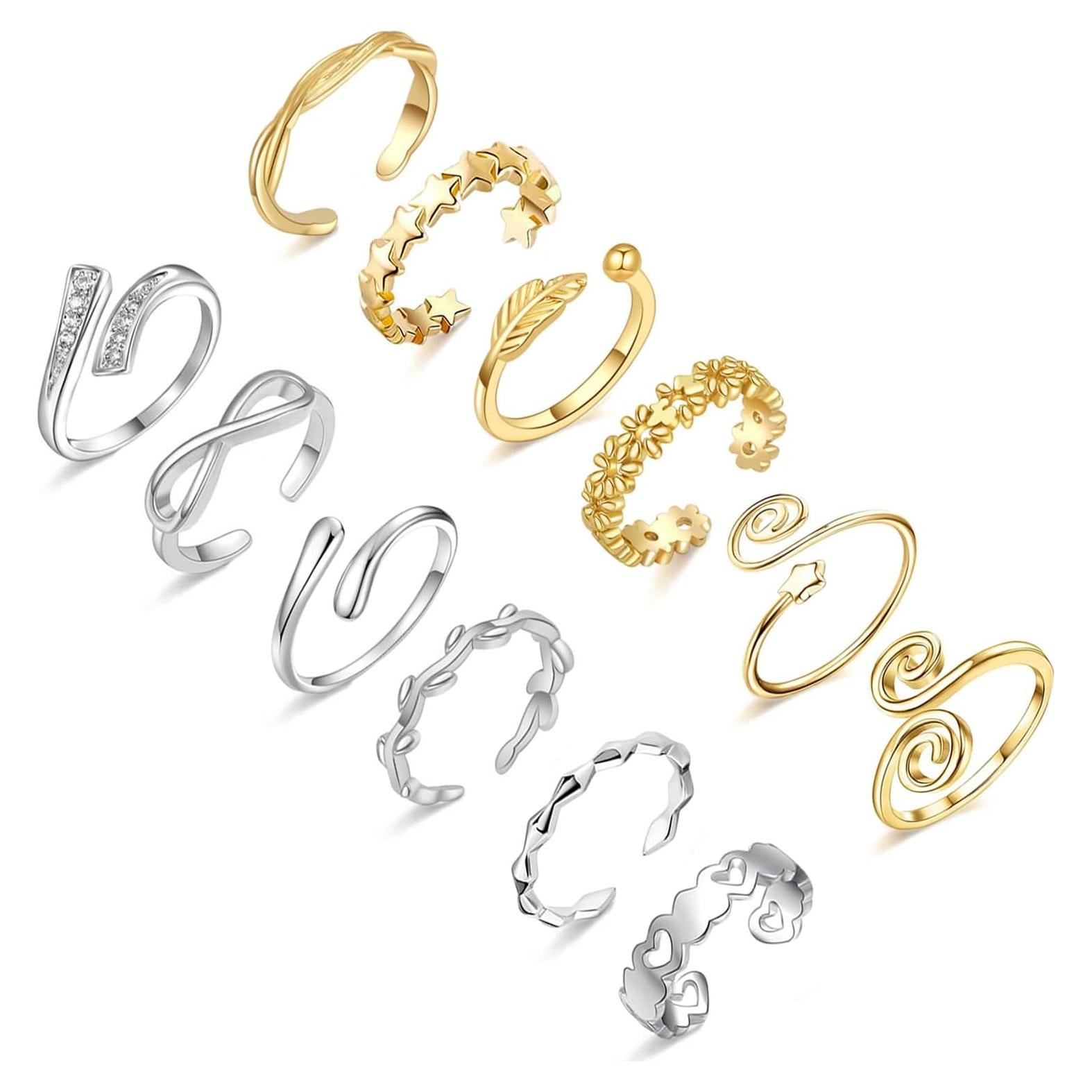 Set de 12 Anillos Ajustables para Mujeres Plata y Oro 18K