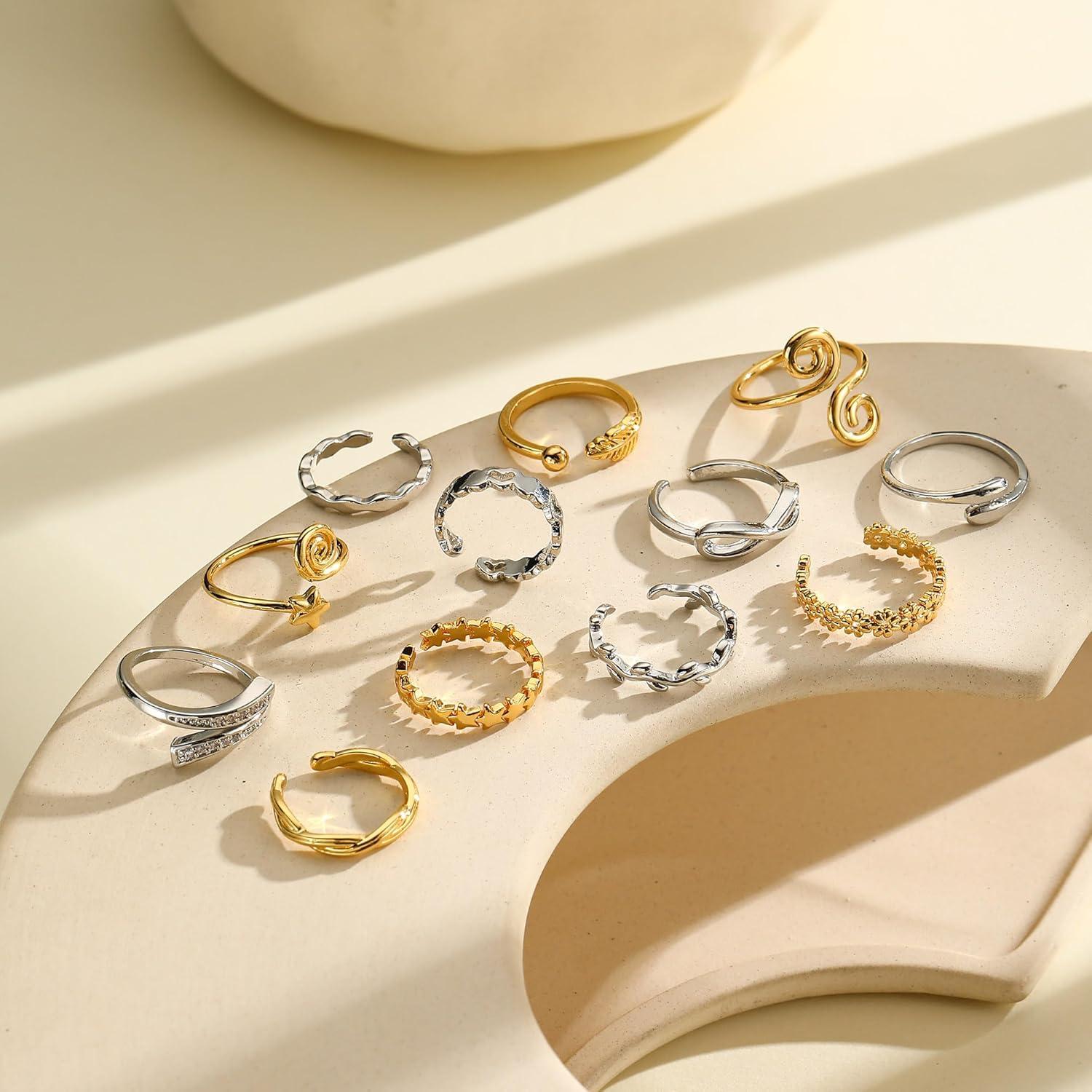 Set de 12 Anillos Ajustables para Mujeres Plata y Oro 18K