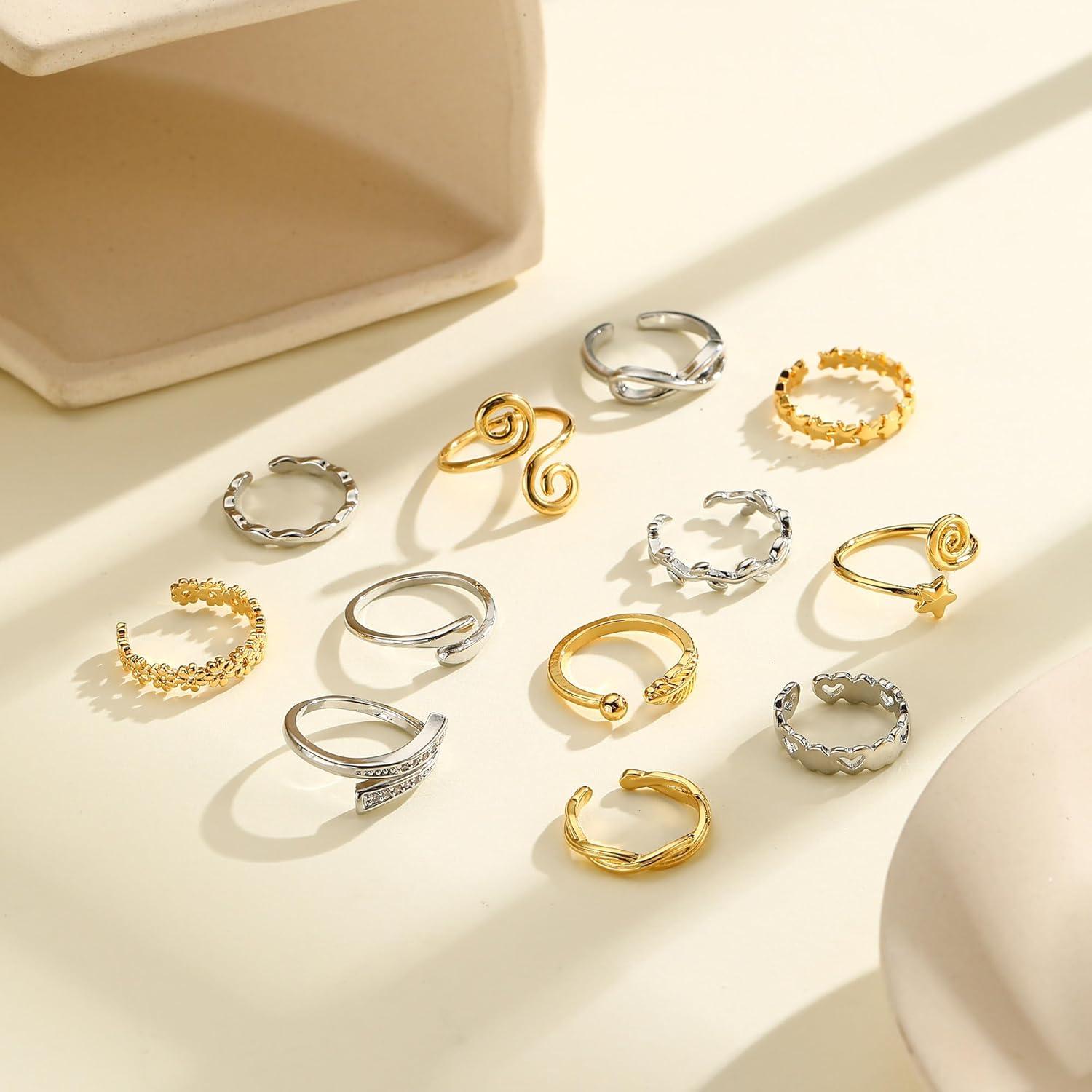 Set de 12 Anillos Ajustables para Mujeres Plata y Oro 18K