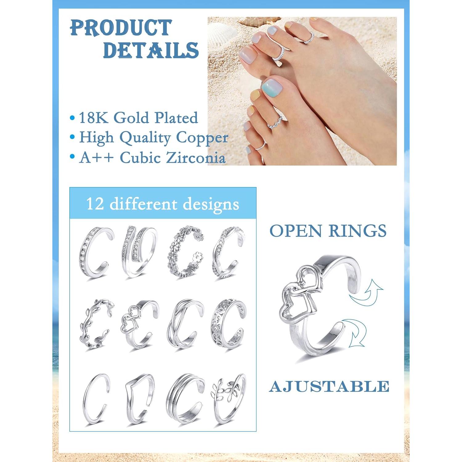 Conjunto de 12 Anillos Ajustables Akeoqi Oro 18K y Plata