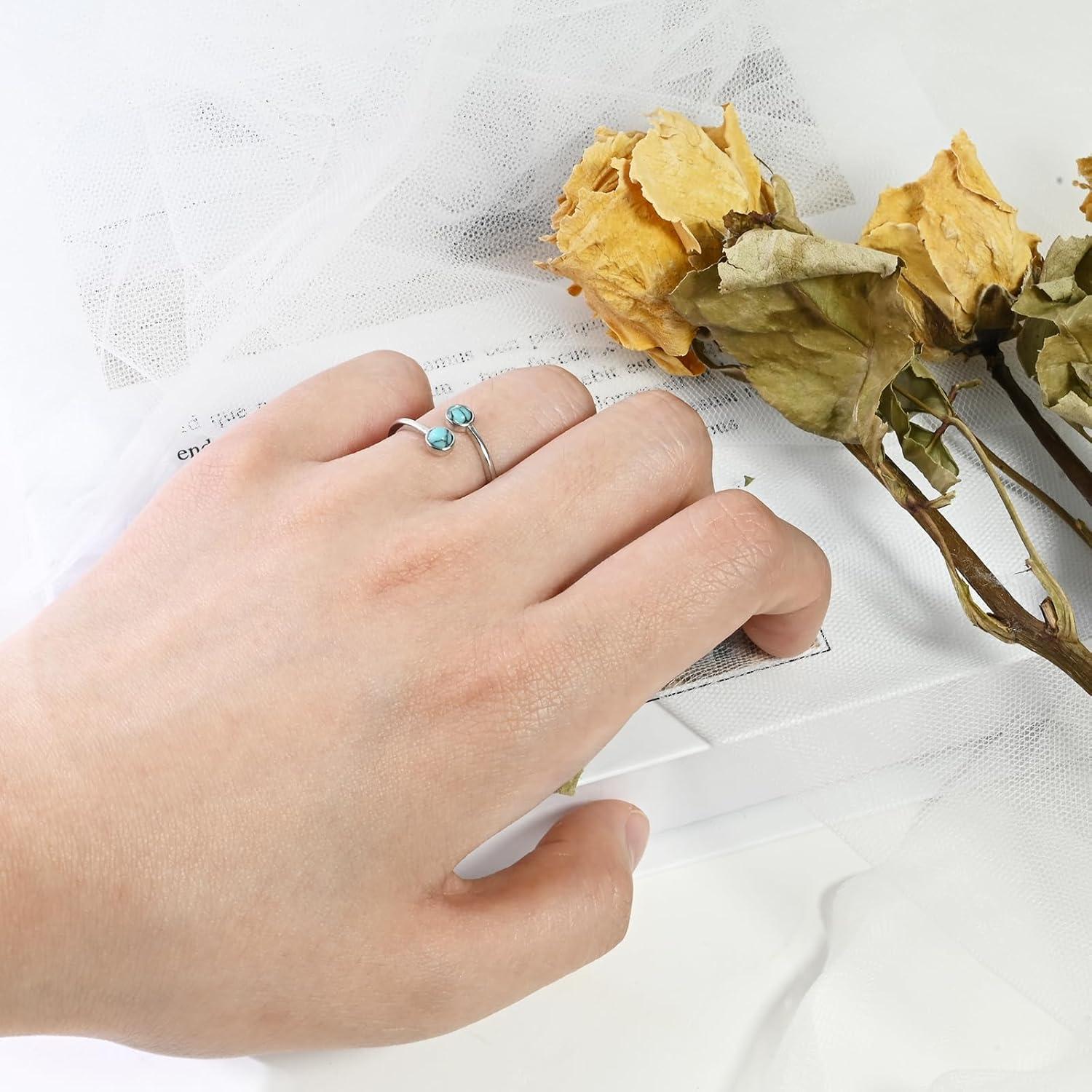Anillo Abierto de Turquesa de Plata Ajustable para Mujeres
