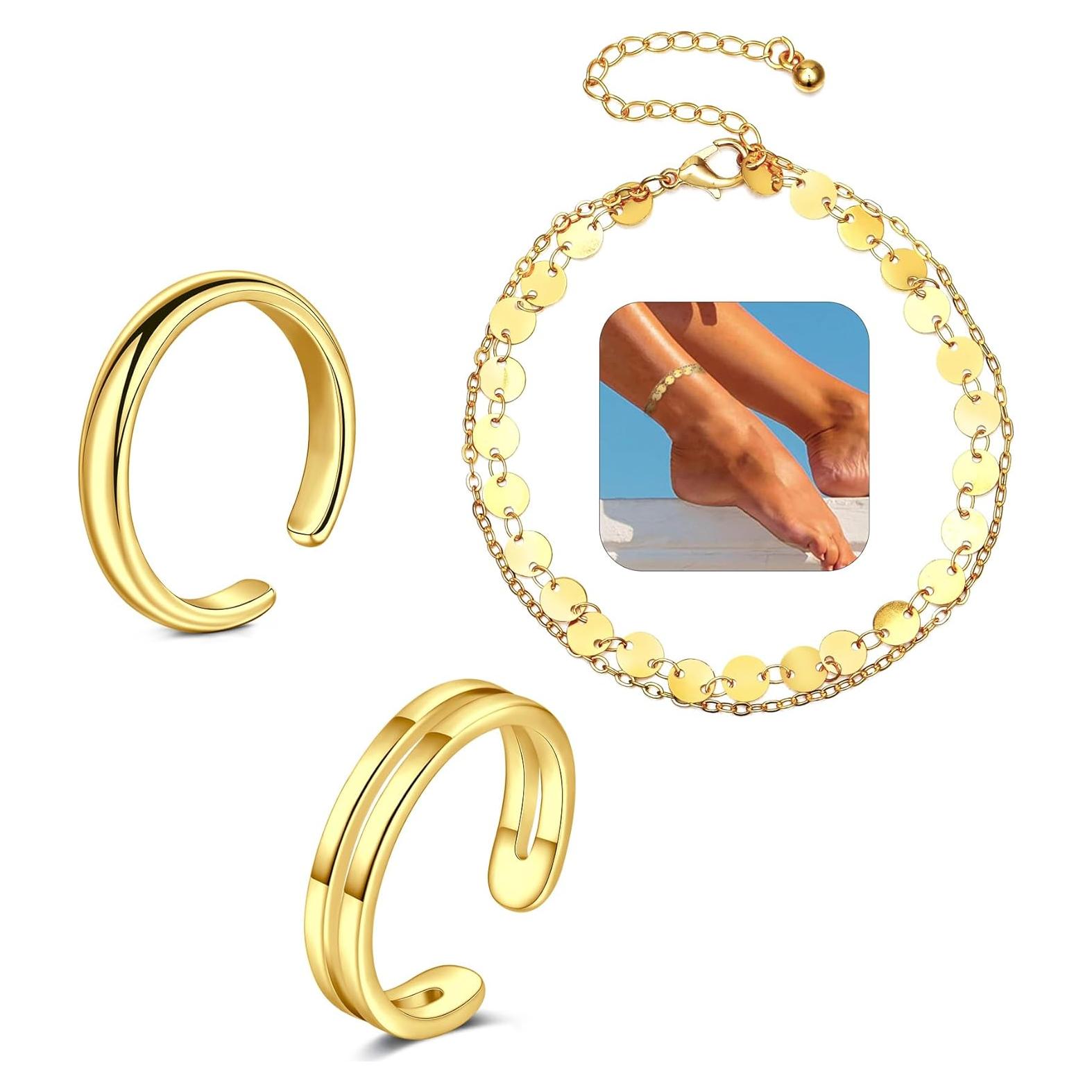 Conjunto de Joyería para Pies Briana Williams - 2 Anillos y Pulsera de Tobillo Oro