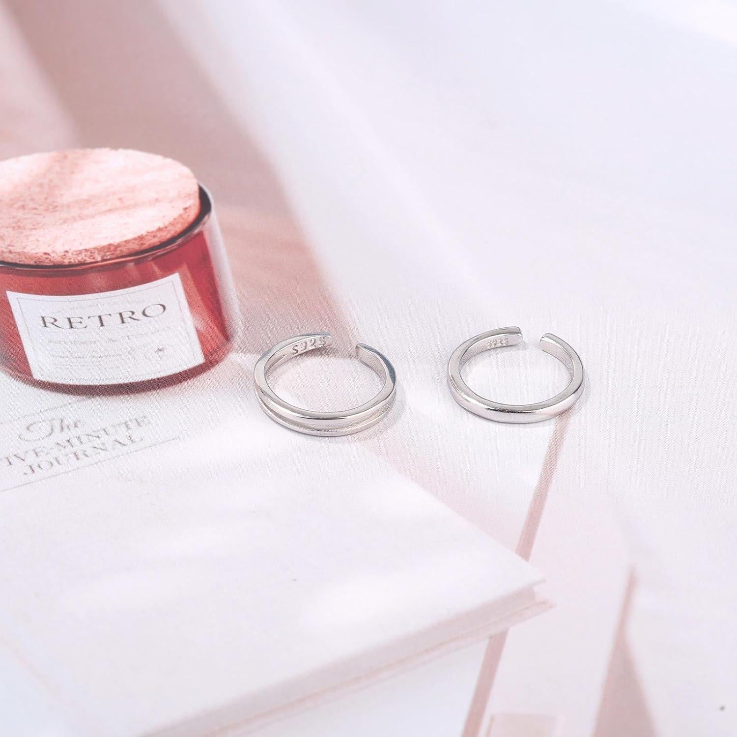 2 Anillos Abiertos de Plata de Ley Ajustables para Dedo del Pie