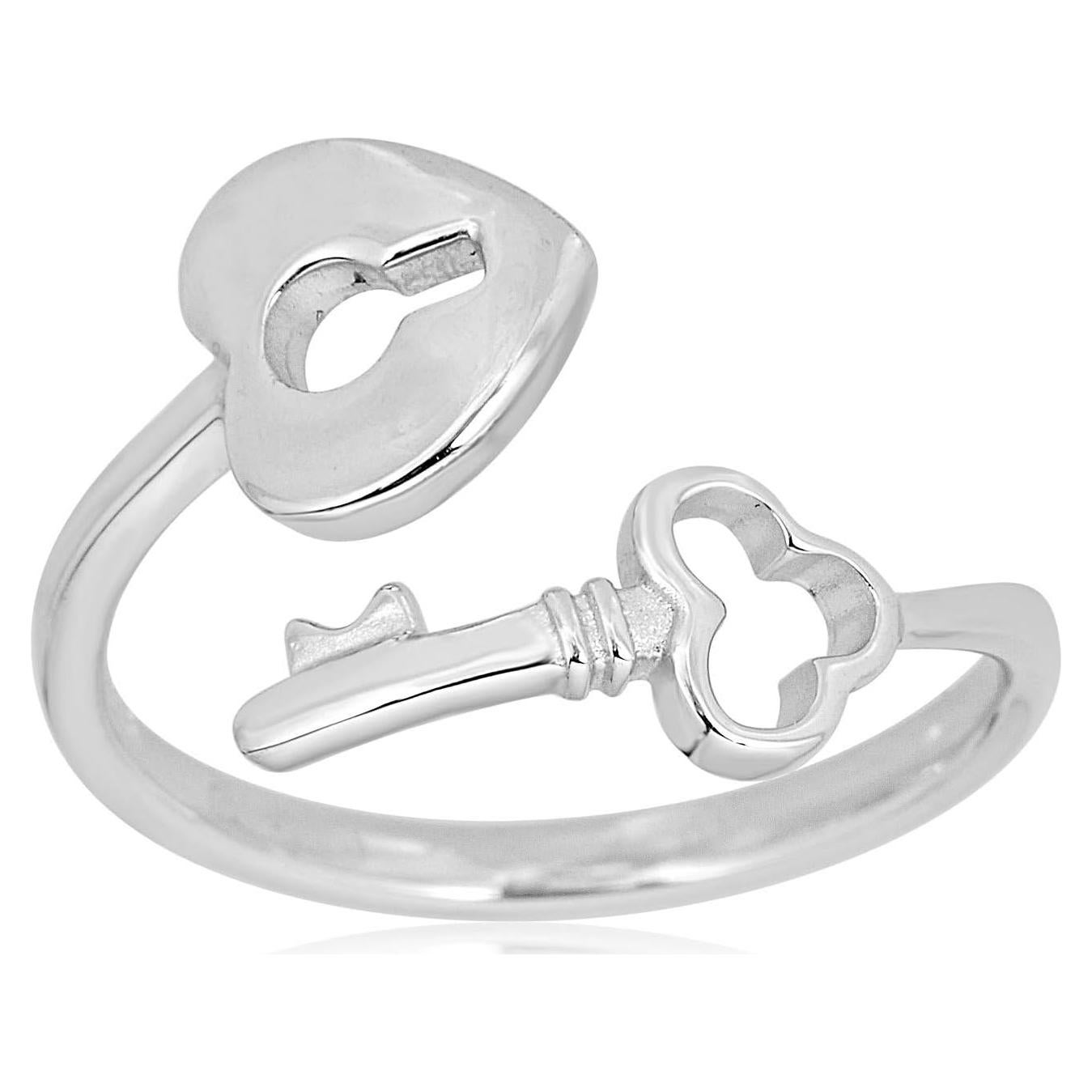 Anillo ajustable de plata esterlina 925 en forma de llave y candado