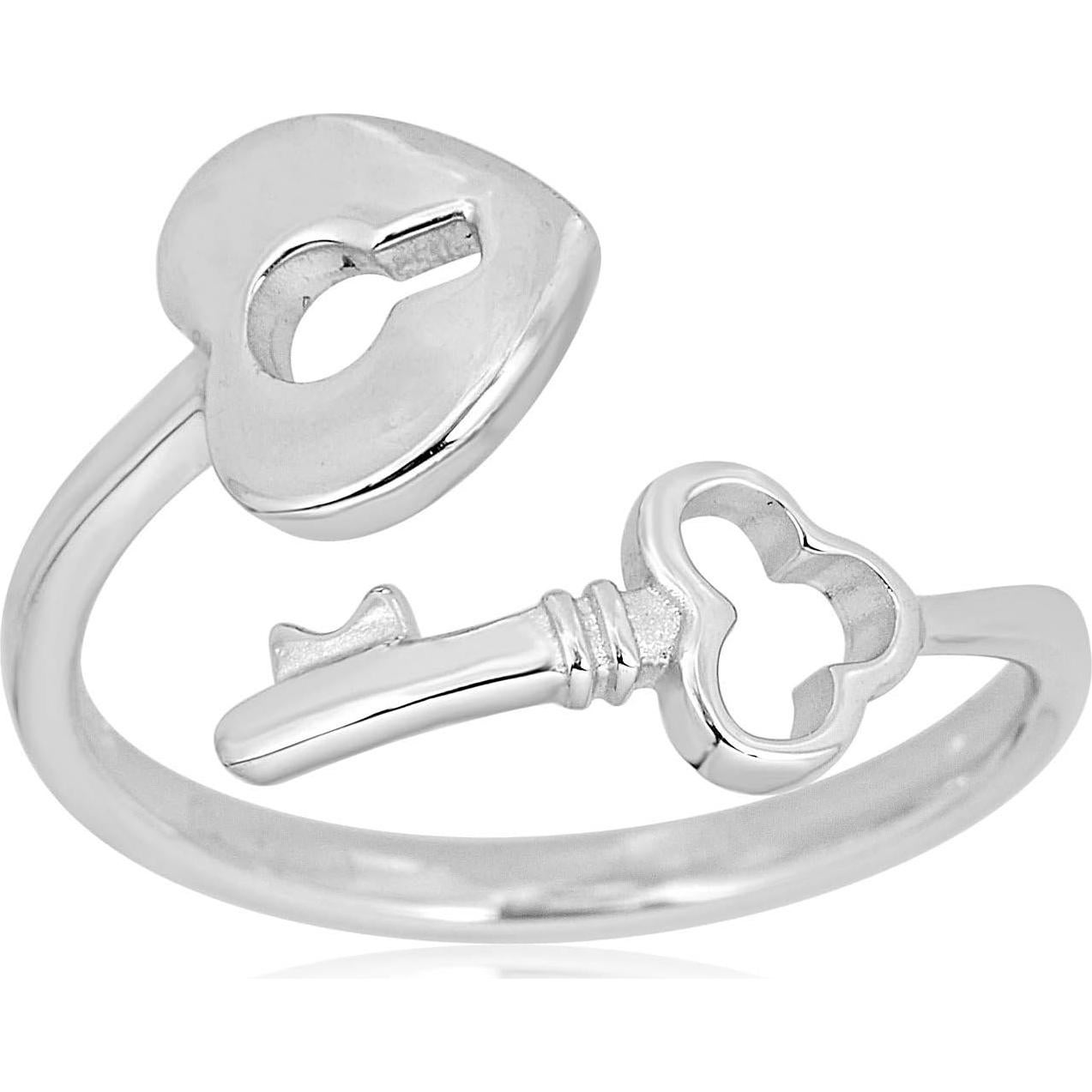 Anillo ajustable de plata esterlina 925 en forma de llave y candado