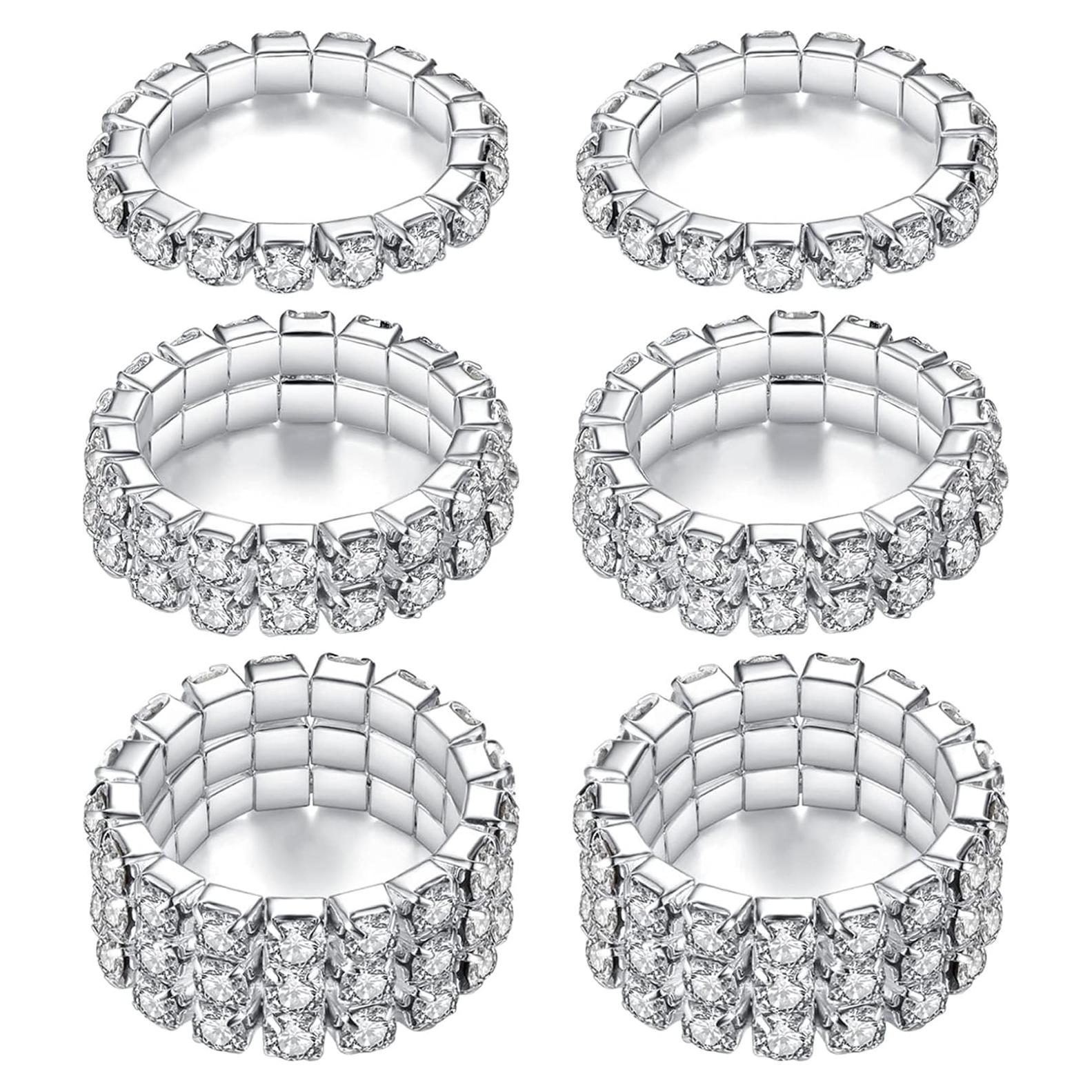 Anillos de Dedo Elástico de Cristal Plateado 6 Pcs con Rhinestones