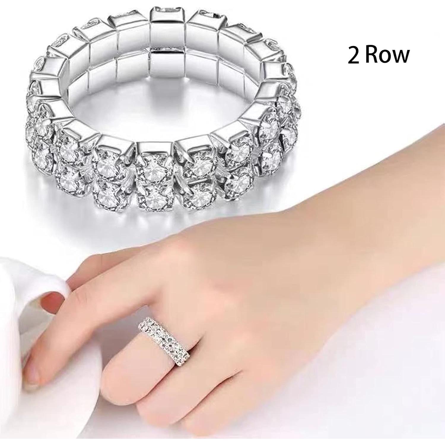 Anillos de Dedo Elástico de Cristal Plateado 6 Pcs con Rhinestones