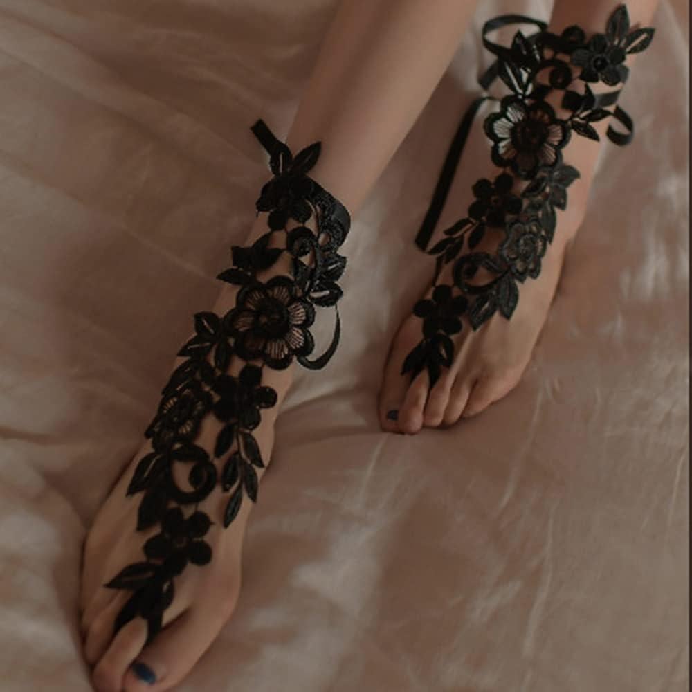 Tobilleras de Encaje Floral Asphire con Anillo para Dedos 2pcs