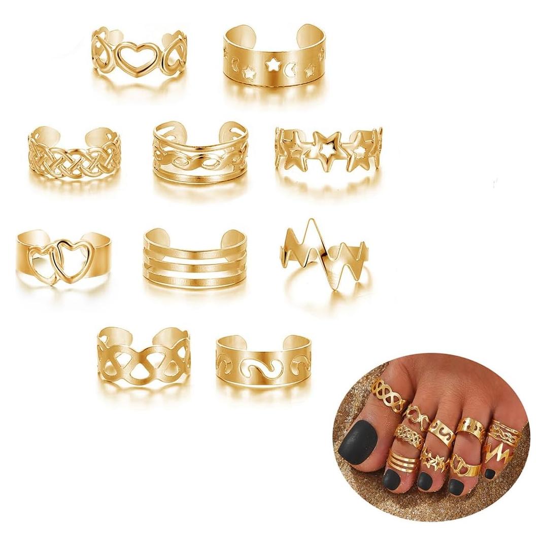 Juego de 10 Anillos Ajustables para Dedo en Forma de Luna y Estrella - Joyería para Mujeres