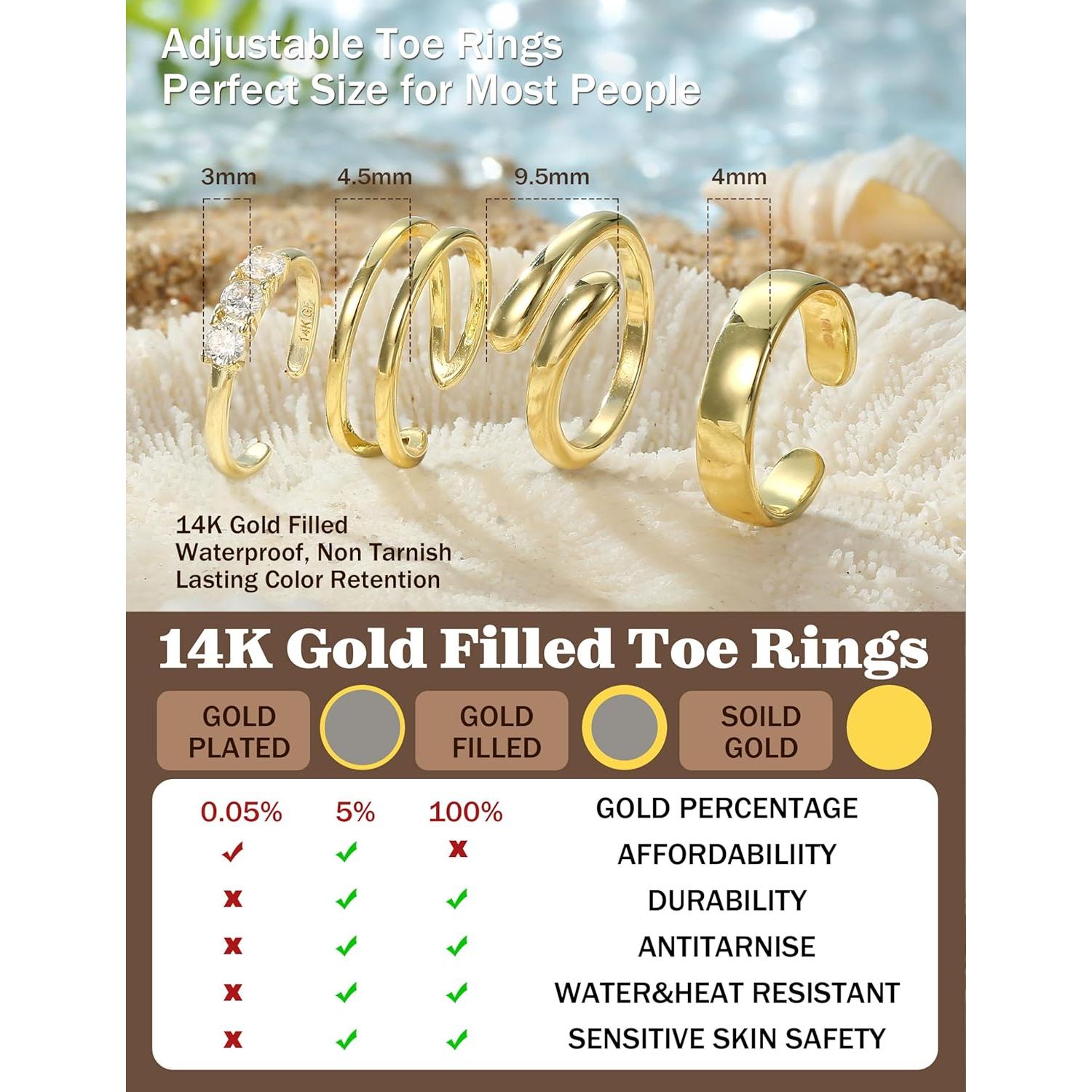 Anillos de Dedo de Oro 14K ORAZIO Ajustables 4 Piezas