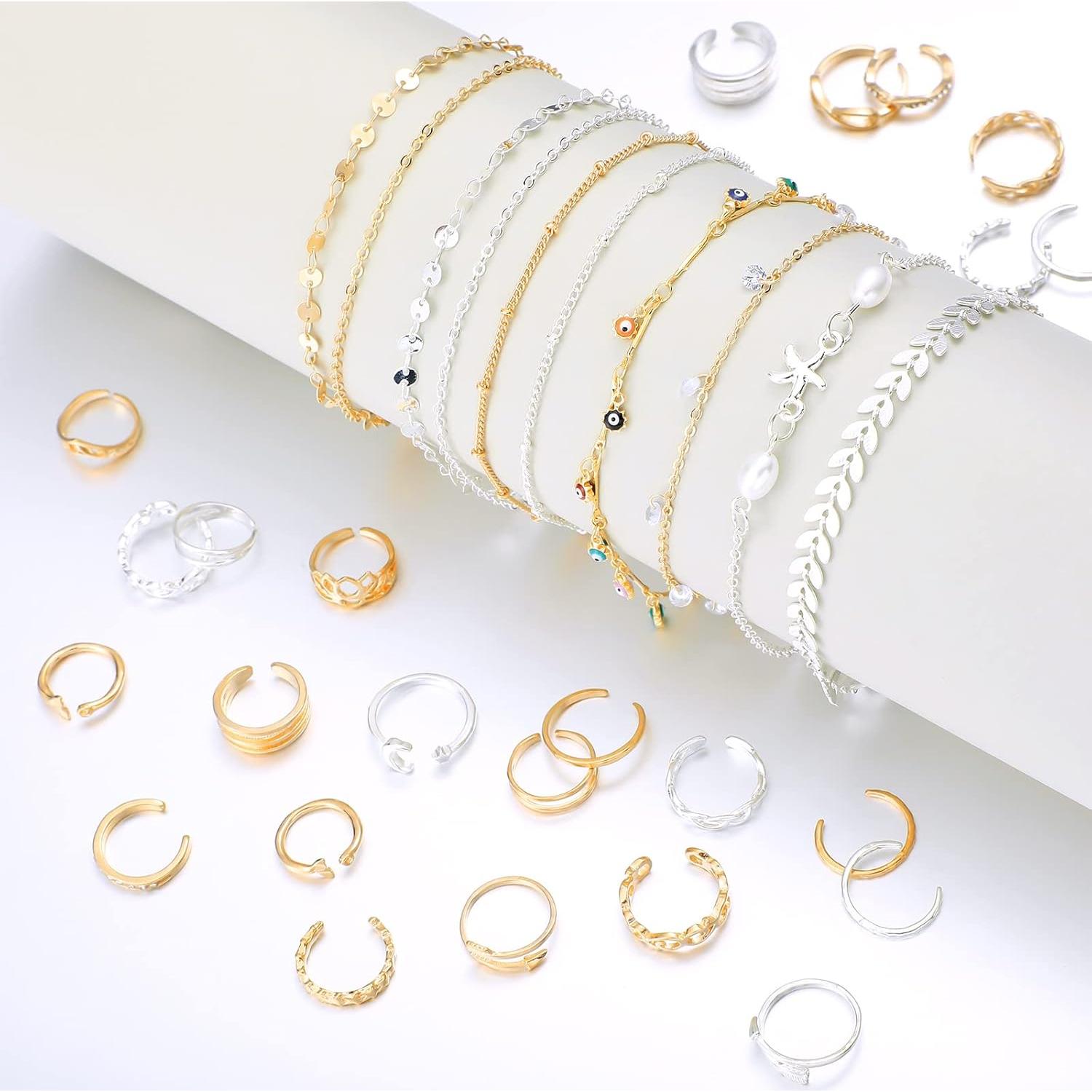 Conjunto de Joyería para Mujeres 40 Pcs Tobilleras y Anillos