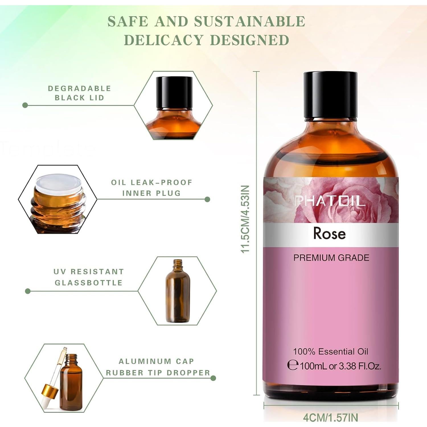 Aceite Esencial de Rosa PHATOIL 100ml con Gotero para Aromaterapia