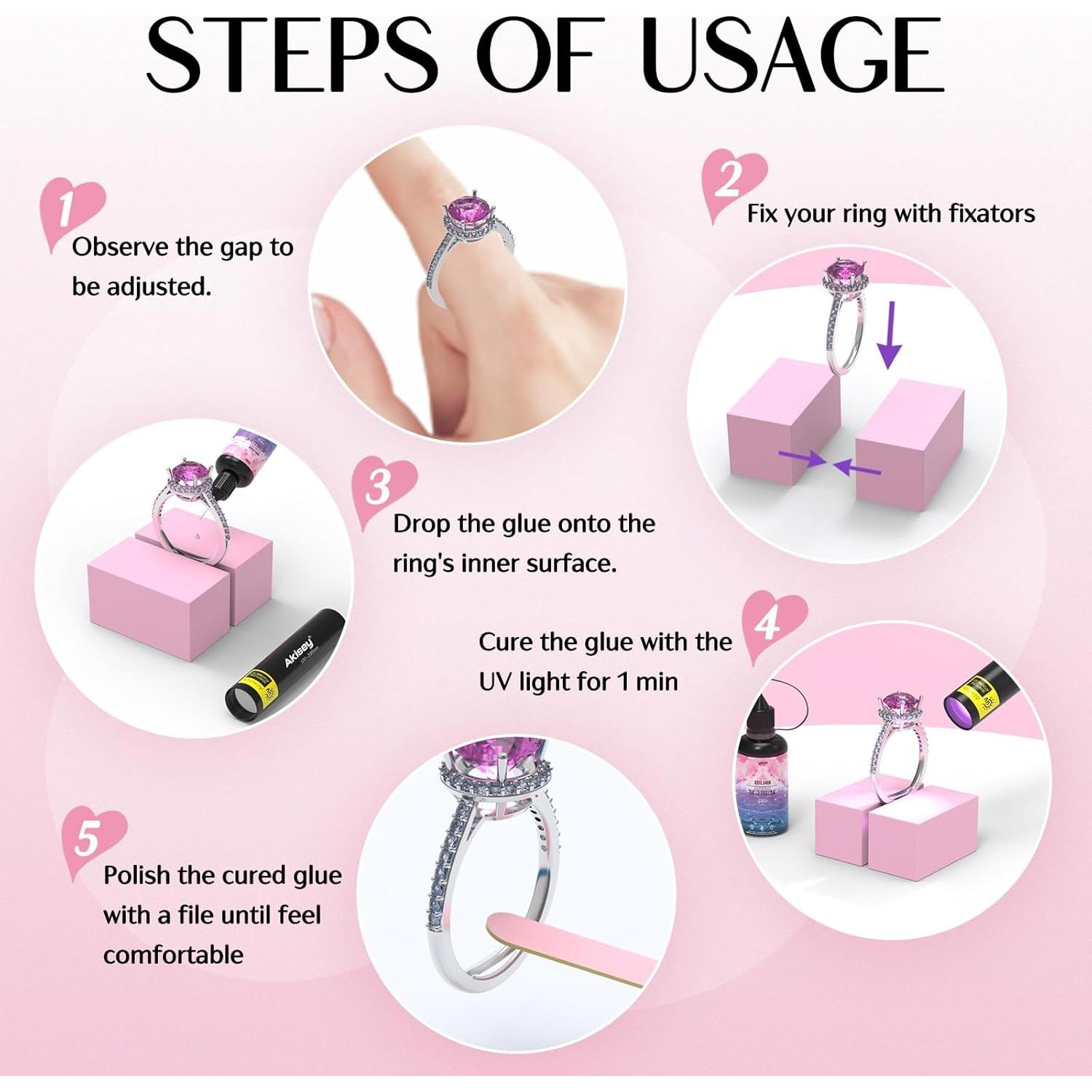 Kit Ajustadores de Anillos Akisey con Pegamento UV 20g
