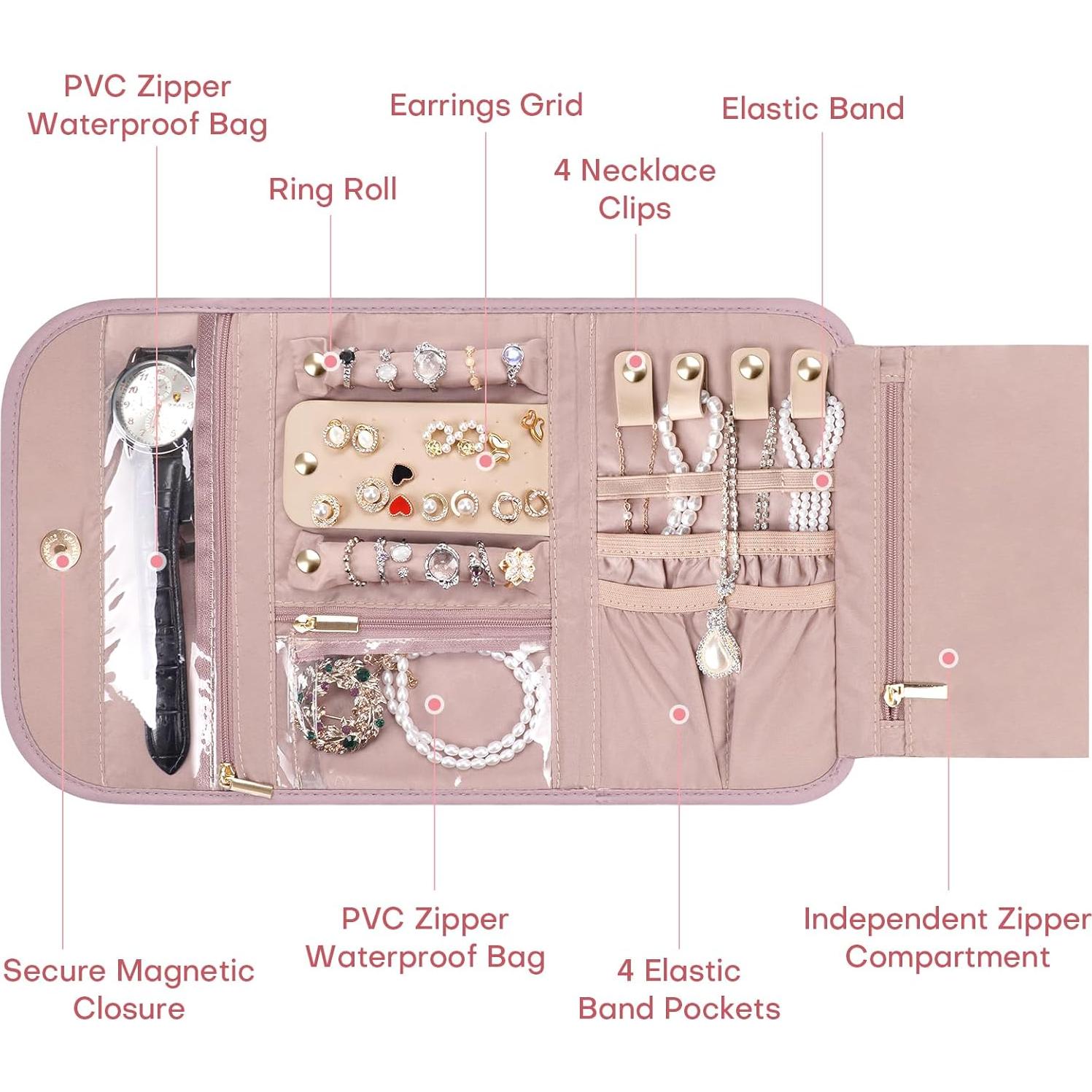 Estuche Organizadora de Joyería TBTOTRA Rosa Plegable 5 Compartimentos